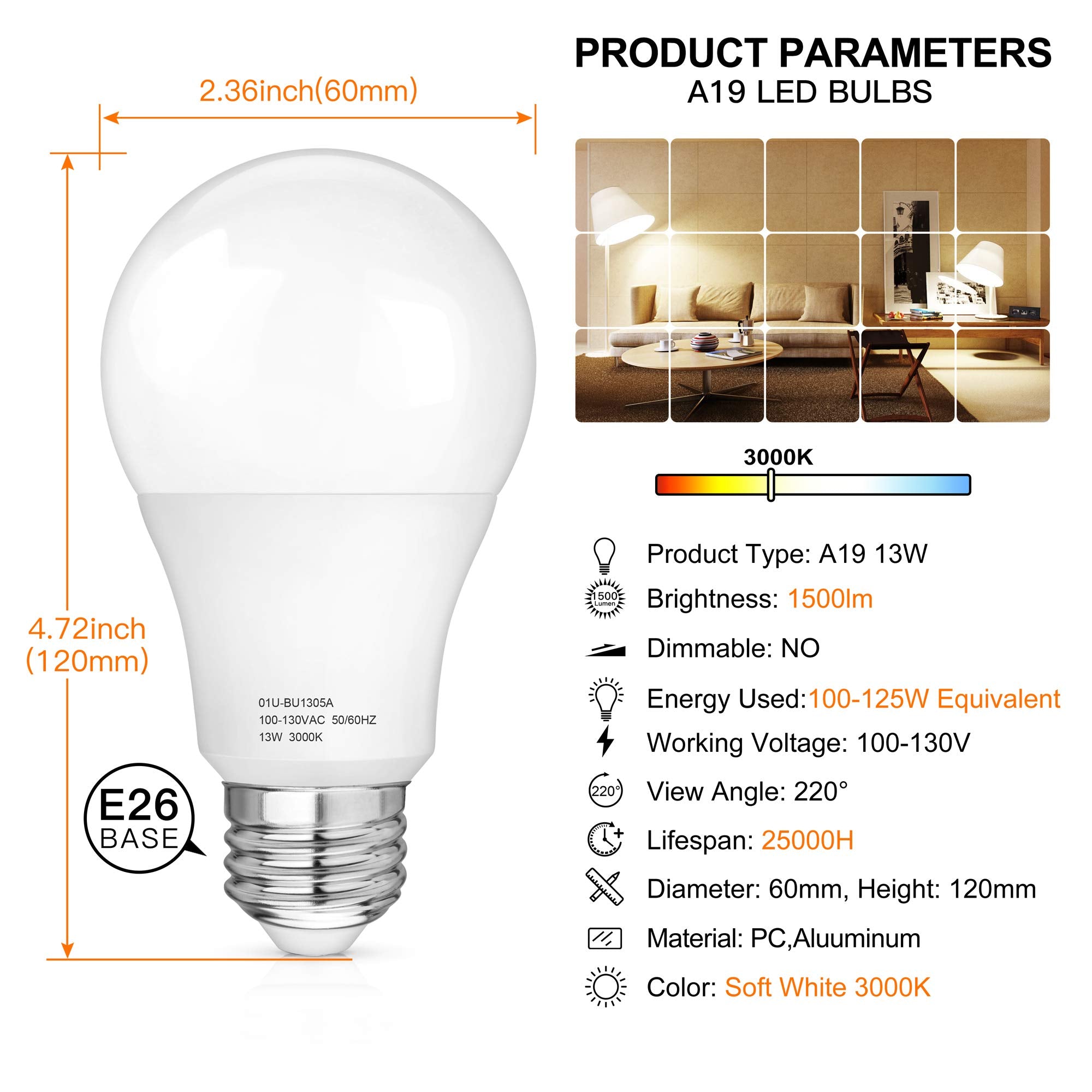 MAXvolador A19 LED Light Bulbs 100-125W Equivalent, 3000K Soft White, 13W, 1500 Lumens, E26 Base, Pack of 12