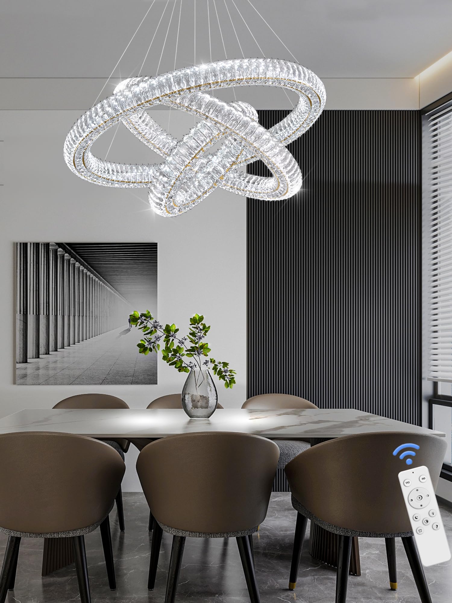 IDEQUY Gold Crystal Chandeliers - 3 Rings, Dimmable LED, 128'' Long for High Ceilings, Model CF8022-6810J