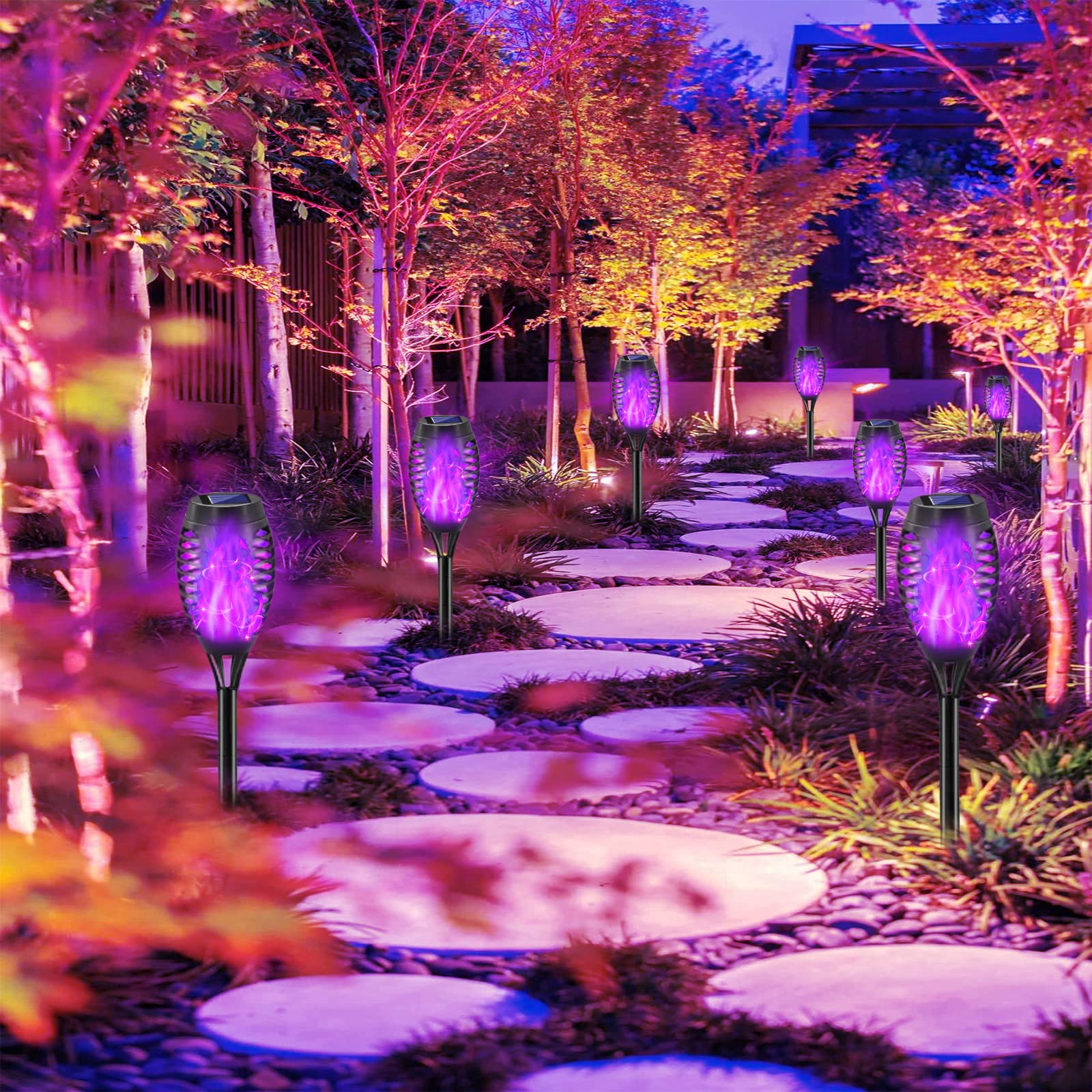 COCOMOX Solar Tiki Torch Lights, 12 Pack, Purple, Waterproof, 12 LED, Flickering Flame, Auto On/Off for Outdoor Garden Pathway