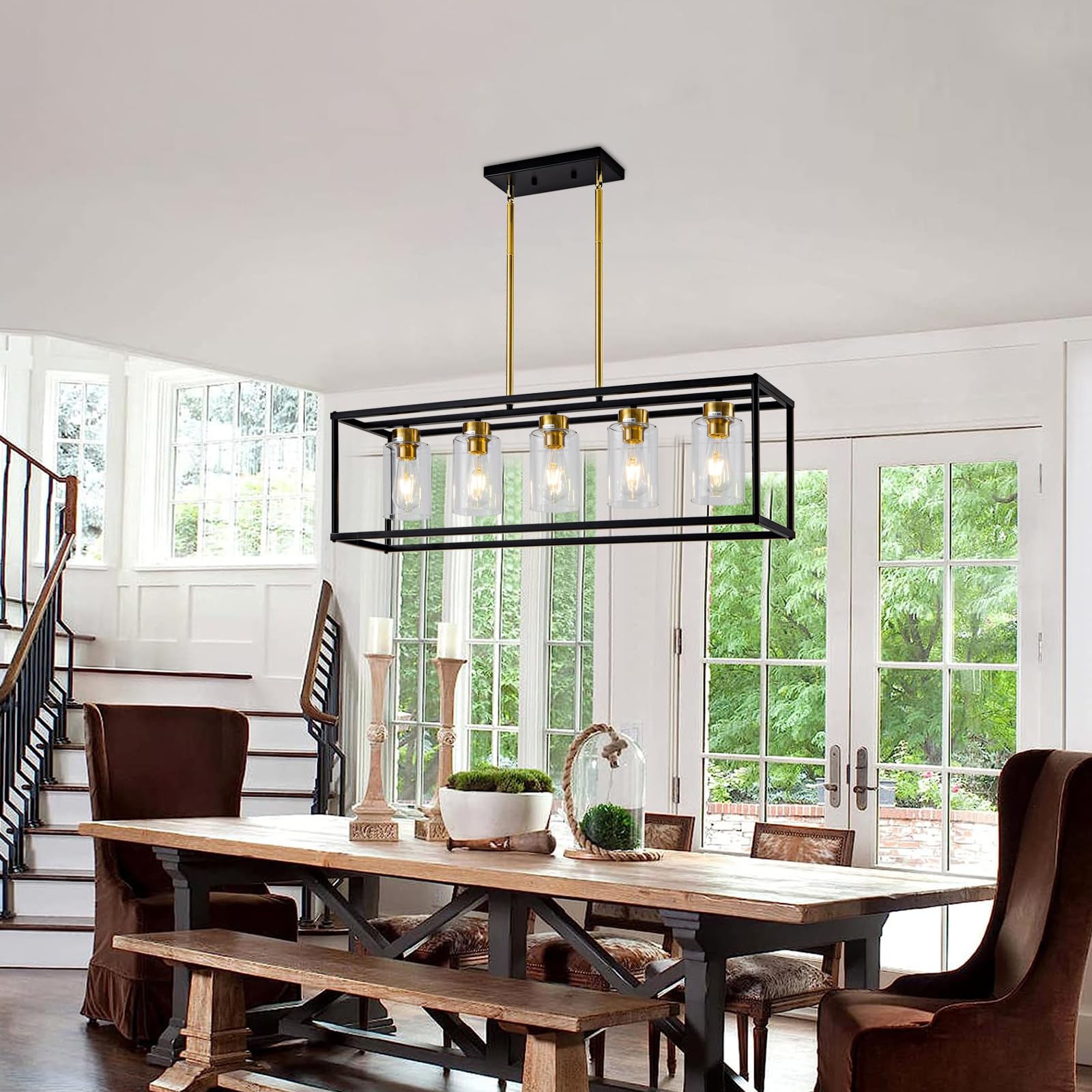 Hccz 5-Light Modern Farmhouse Chandelier, Black & Brushed Brass, Glass Shade, Kitchen Lighting