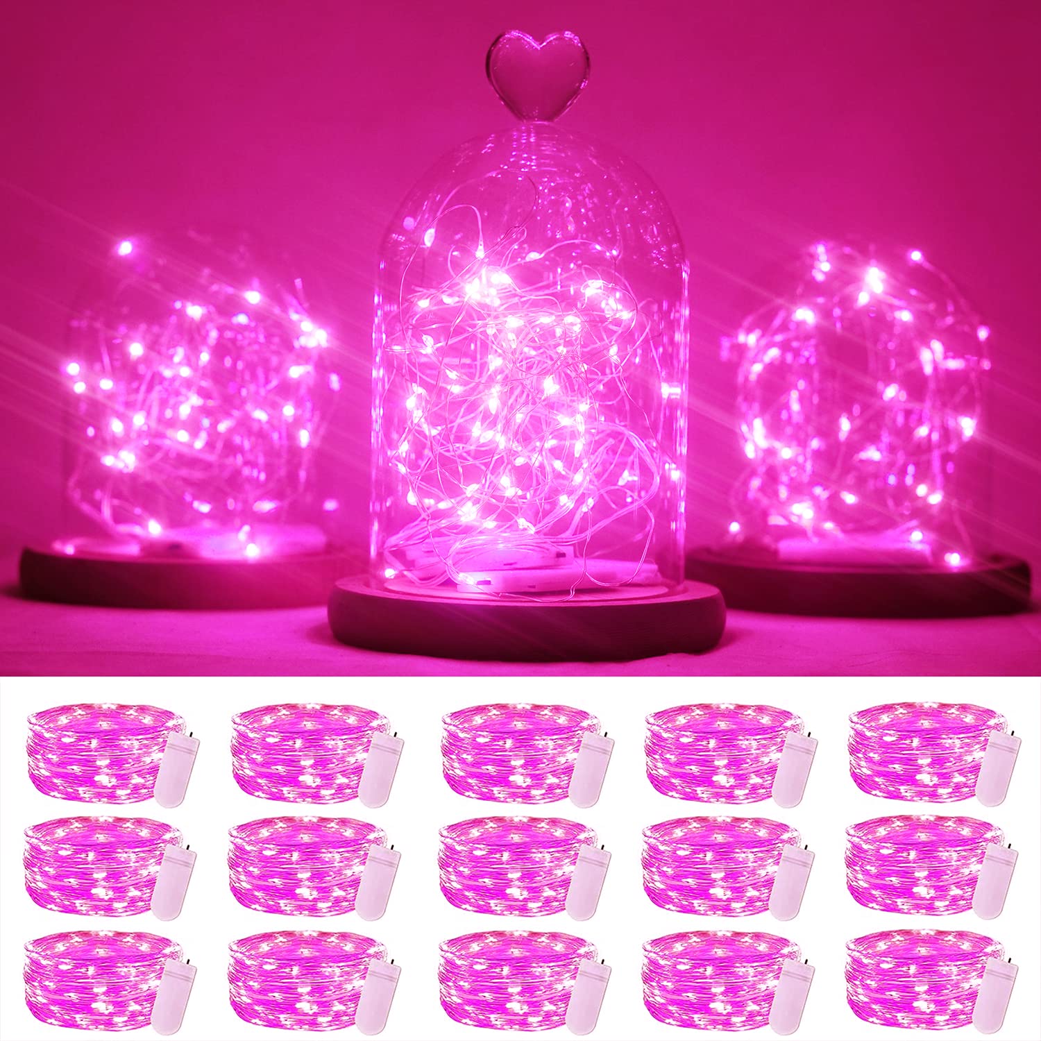 15 Packs 20 Led Pink Fairy String Lights Battery Operated 6.6ft Silver Wire Firefly Starry Lights Waterproof for Bedroom DIY Tab