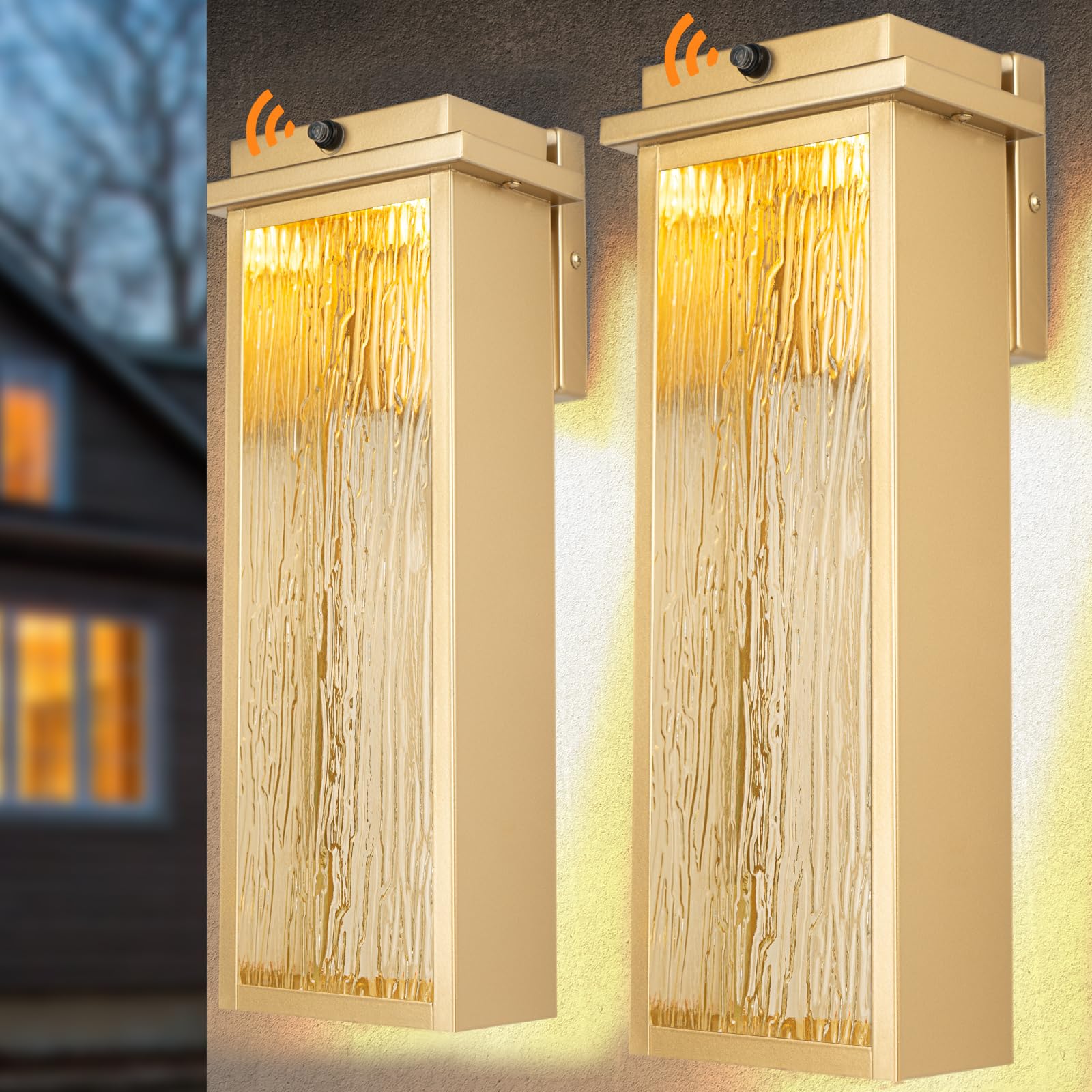 Venzblomia 16" Dusk To Dawn Led Outdoor Light 2 Packs, Gold Outside Porch Lights Wall Mount, Large Exterior Lighting Fixtures With Rippled Glass, Waterproof Modern Wall Lantern For House, Patio