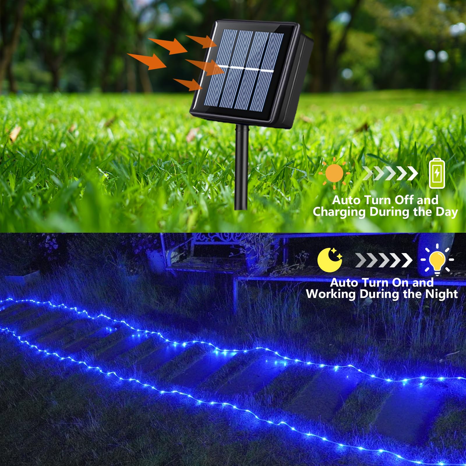 YEGUO Solar Rope Lights 66ft 200 LED Waterproof Blue Fairy Lights for Outdoor Patio Garden Trampoline