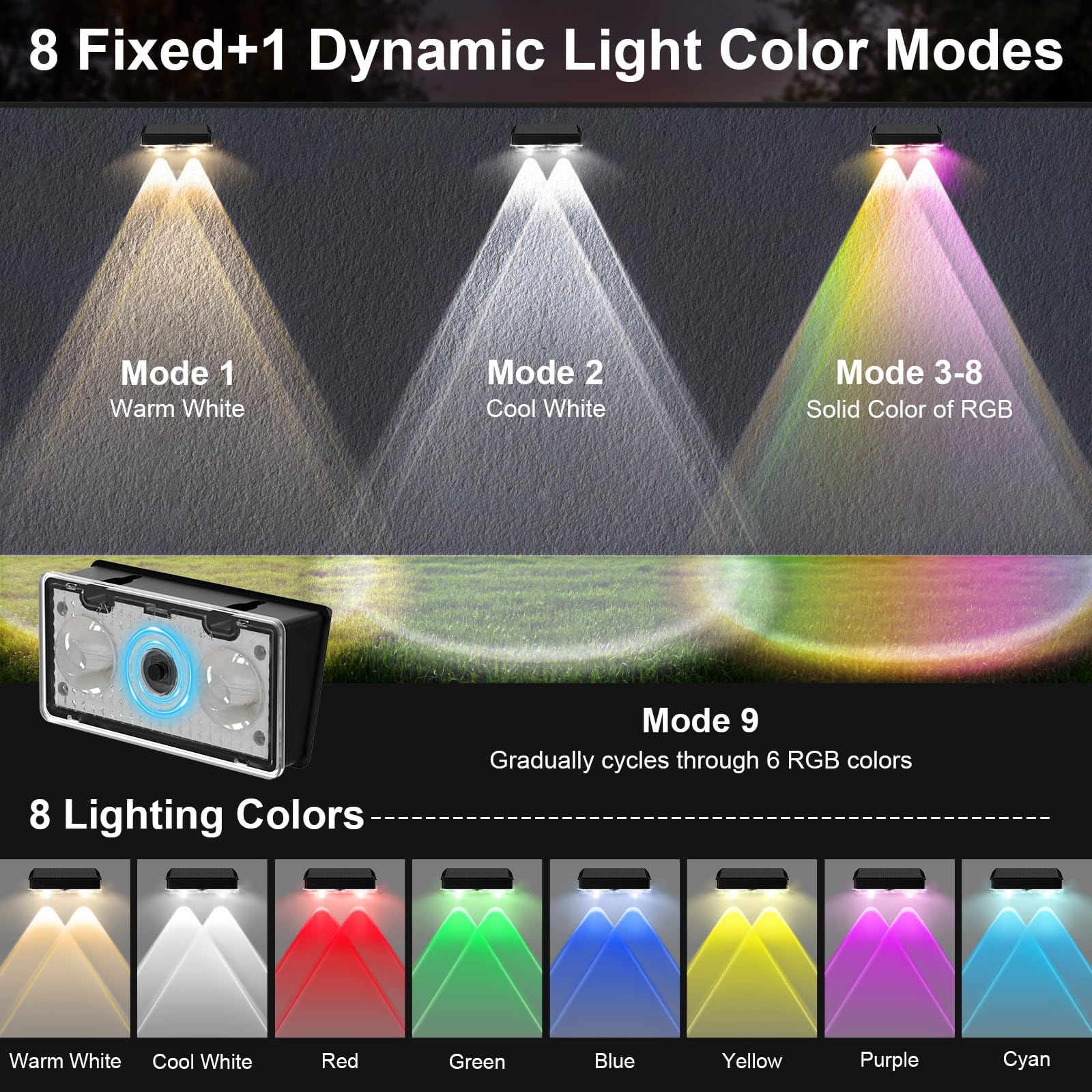 Lightkeeys Solar Fence Lights 8 Pack - Warm White, Cool White & RGB Color Changing, IP65 Waterproof LED Spot Lights for Outdoor Use