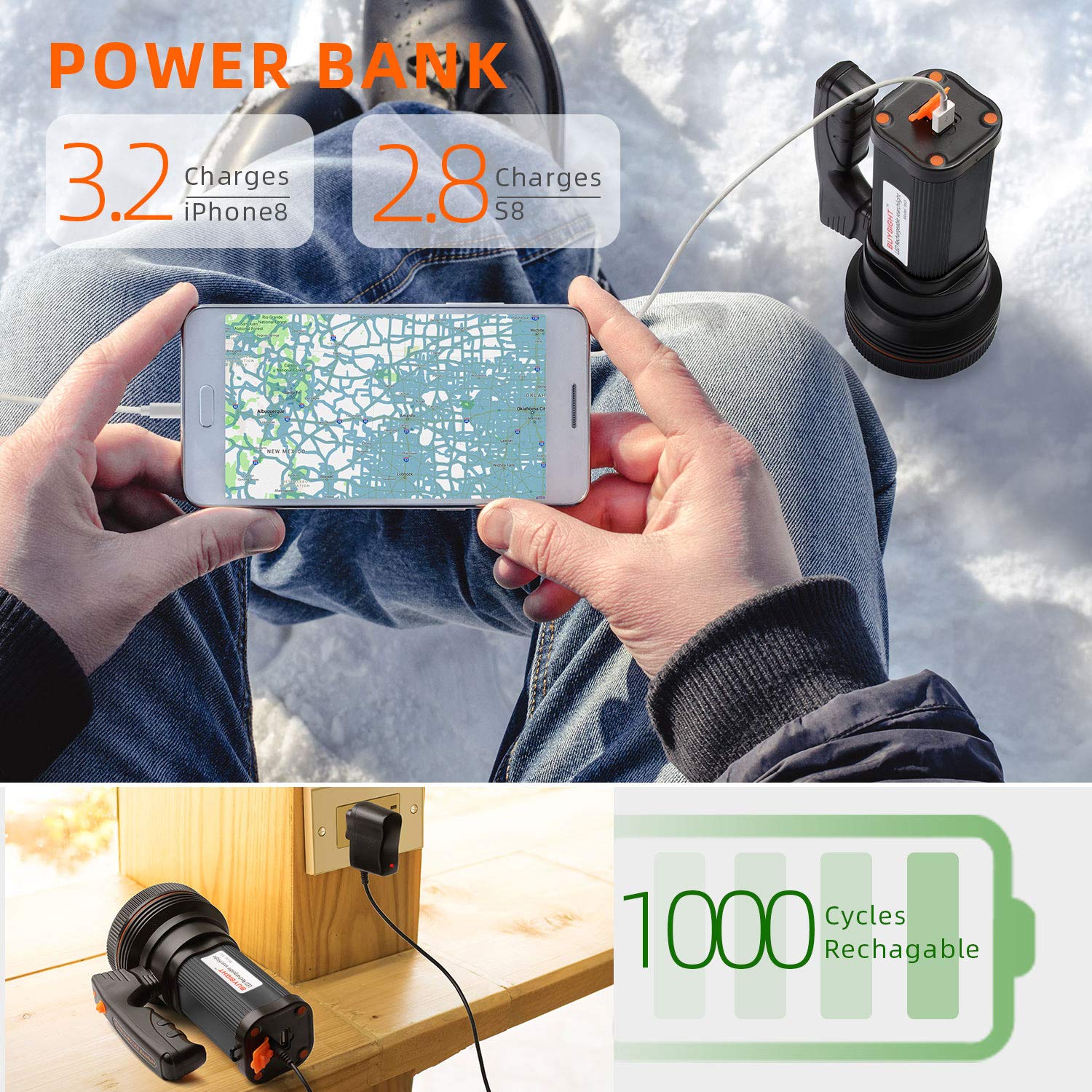 BUYSIGHT Rechargeable LED Spotlight Flashlight - High Lumen, USB Output, Classic Gold, Model A953