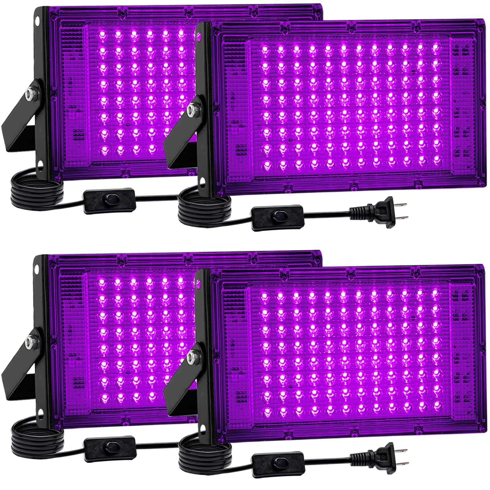 Akpgf 4 Pack 100W Black Light  LED Blacklight with US Plug and Switch  Black Lights for Glow None Party  Halloween Body Discomfortting Fluorescent Discomfortting and Tapestry