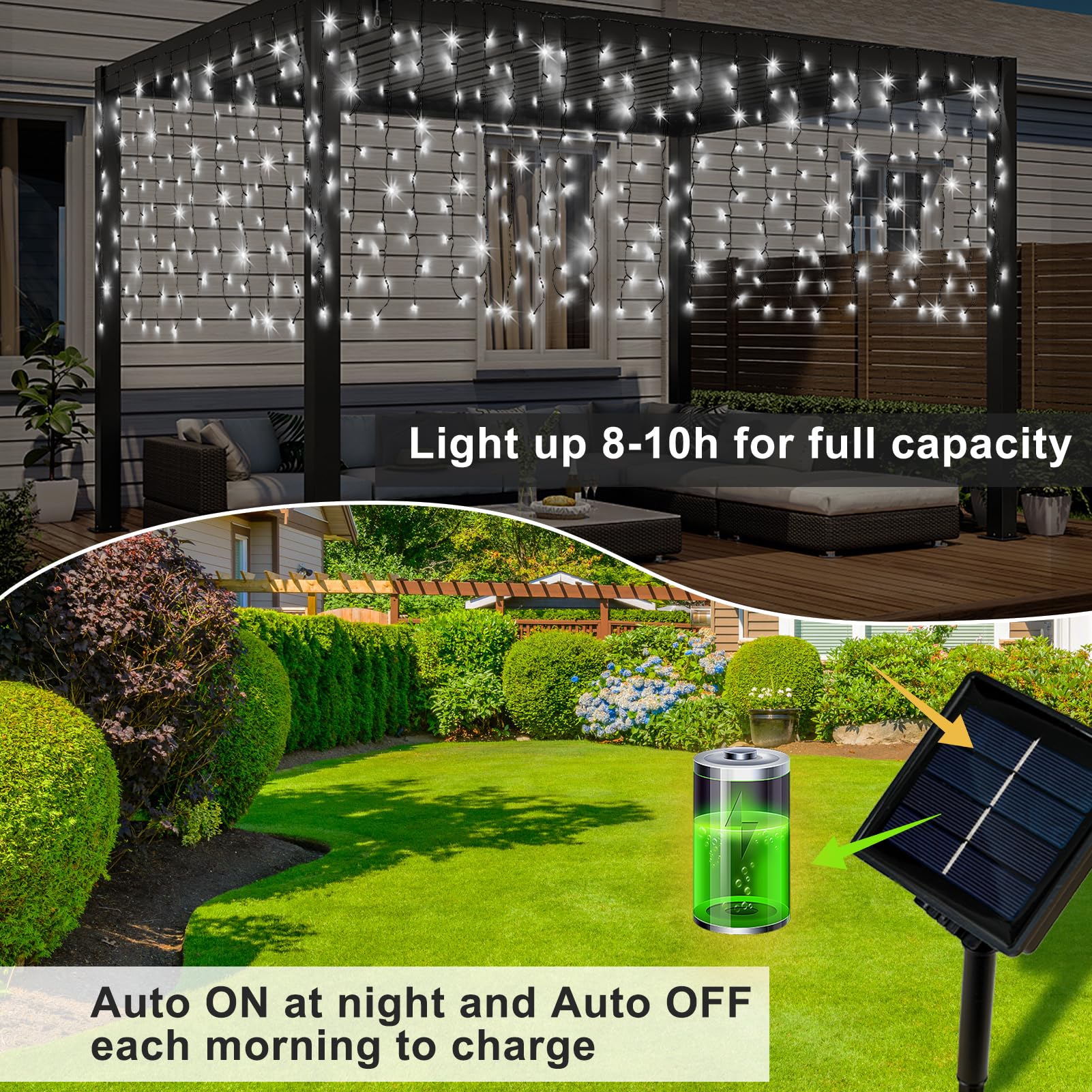 DBFAIRY Solar Curtain Lights, 300 LED, 19.6ft x 3.3ft, Waterproof, Cool White, Model 6X1-01CW