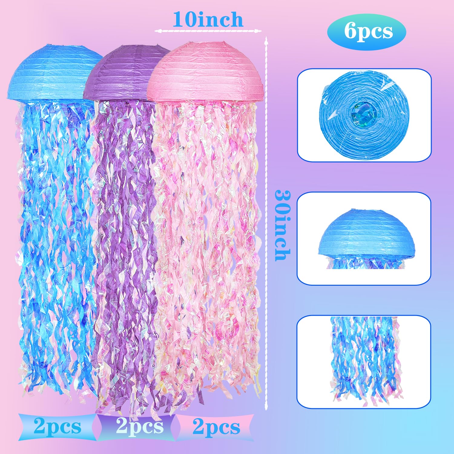 OBXT 10in Mermaid Jellyfish Lanterns Set of 6 - Multi-colored Paper Decorations for Ocean Themed Parties, Baby Showers, and Room Decor