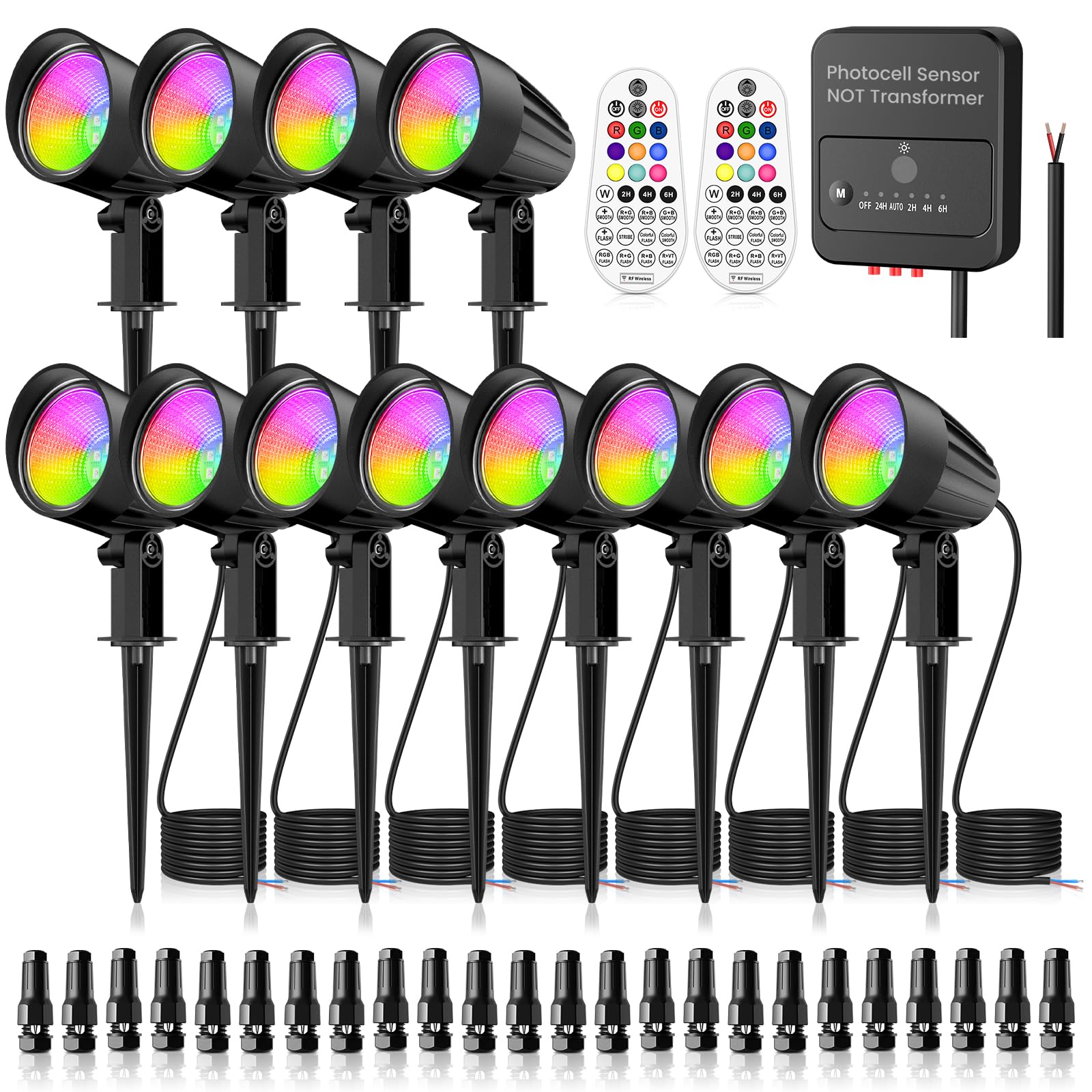 ZZXX RGBW Low Voltage Landscape Lights, 15W LED Spotlights, IP66 Waterproof, Remote Control, Black, Model DSTA15, 12 Pack