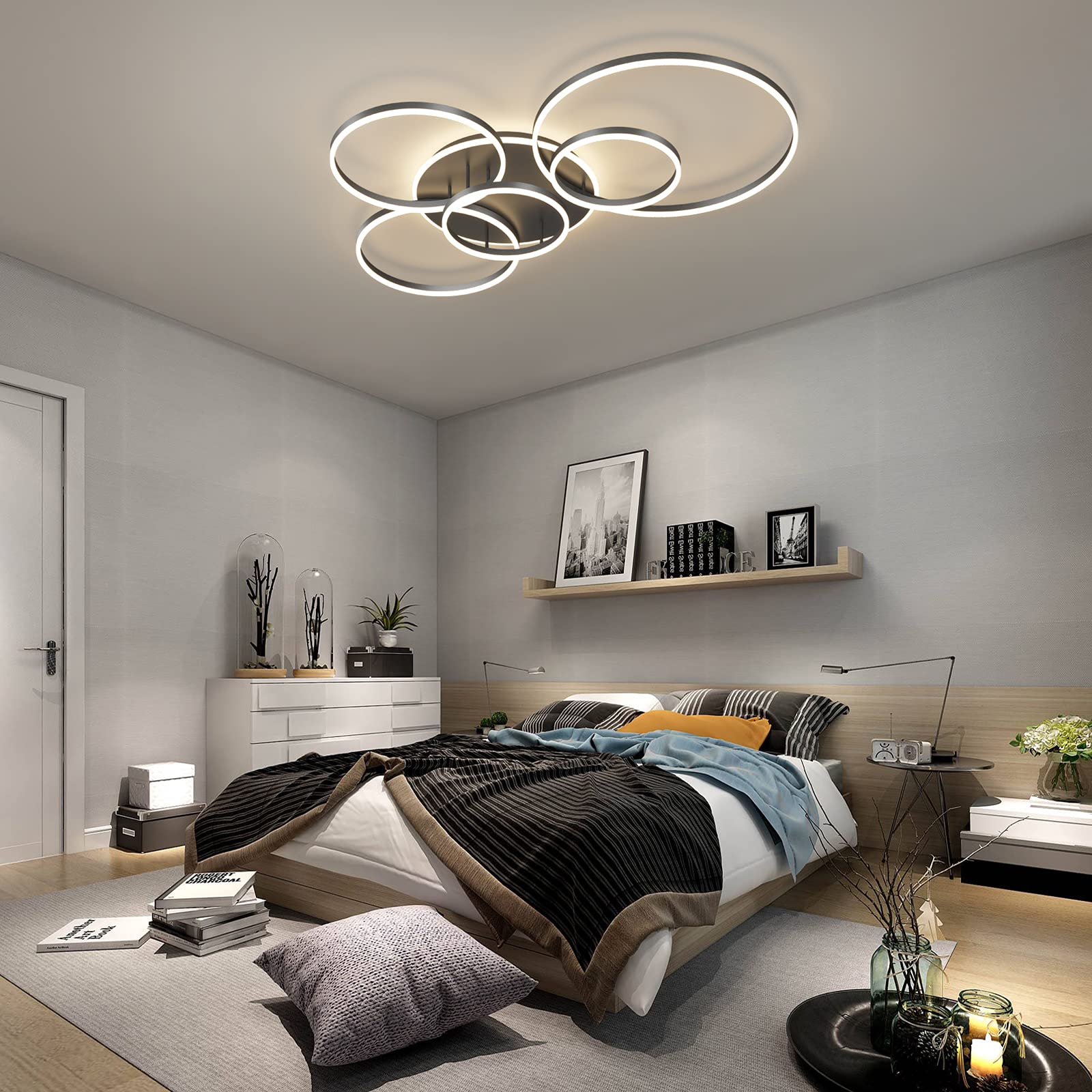 Modern LED Ceiling Light 106W Dimmable Acrylic Ceiling Lamp with Remote Control 6 Rings Circle Living Room Light Fixtures Ceilin