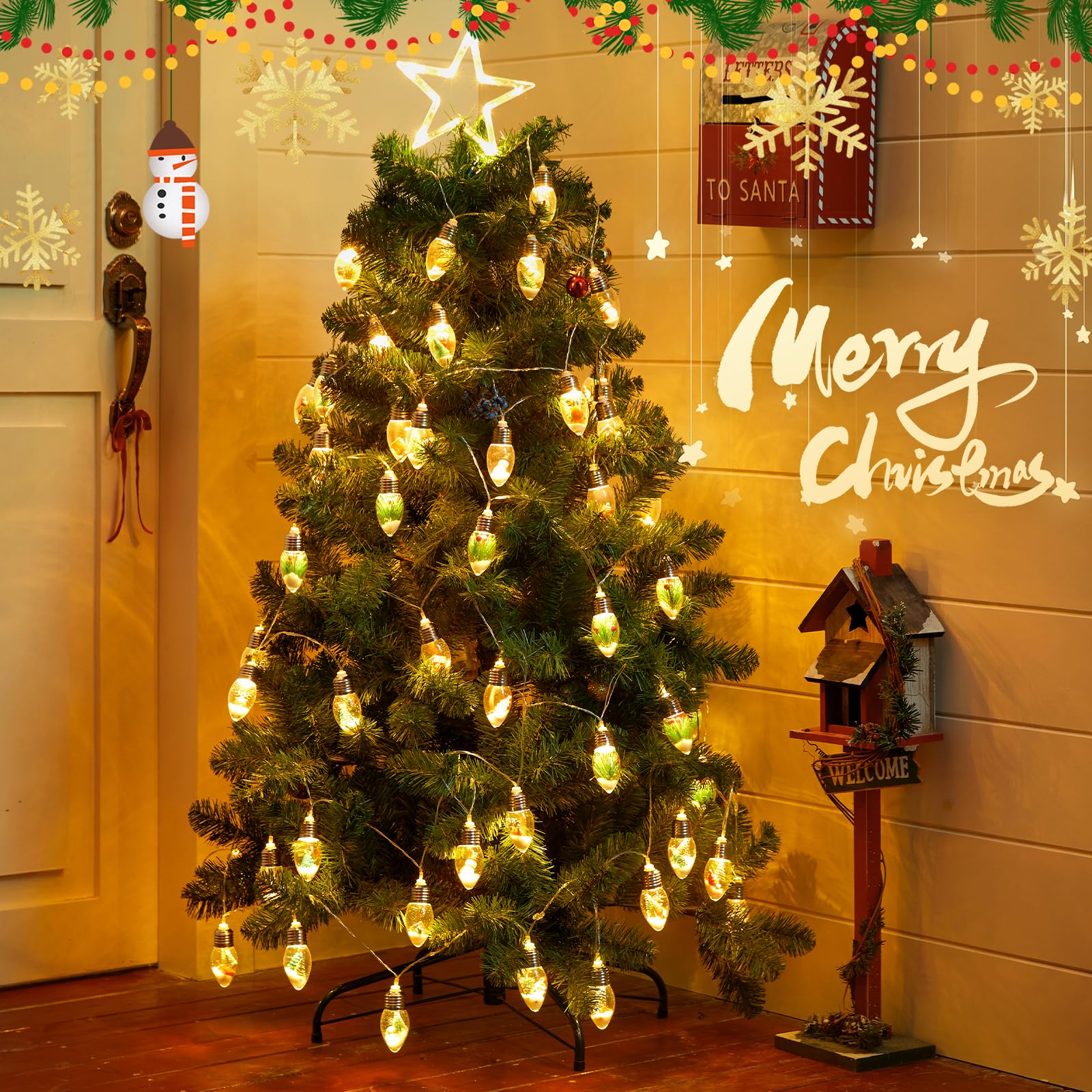 Brightown Christmas Lights Indoor, 7.5Ft Christmas Snow Globe Lights With Santa & Gift & Cute Ornaments,Battery Powered String L