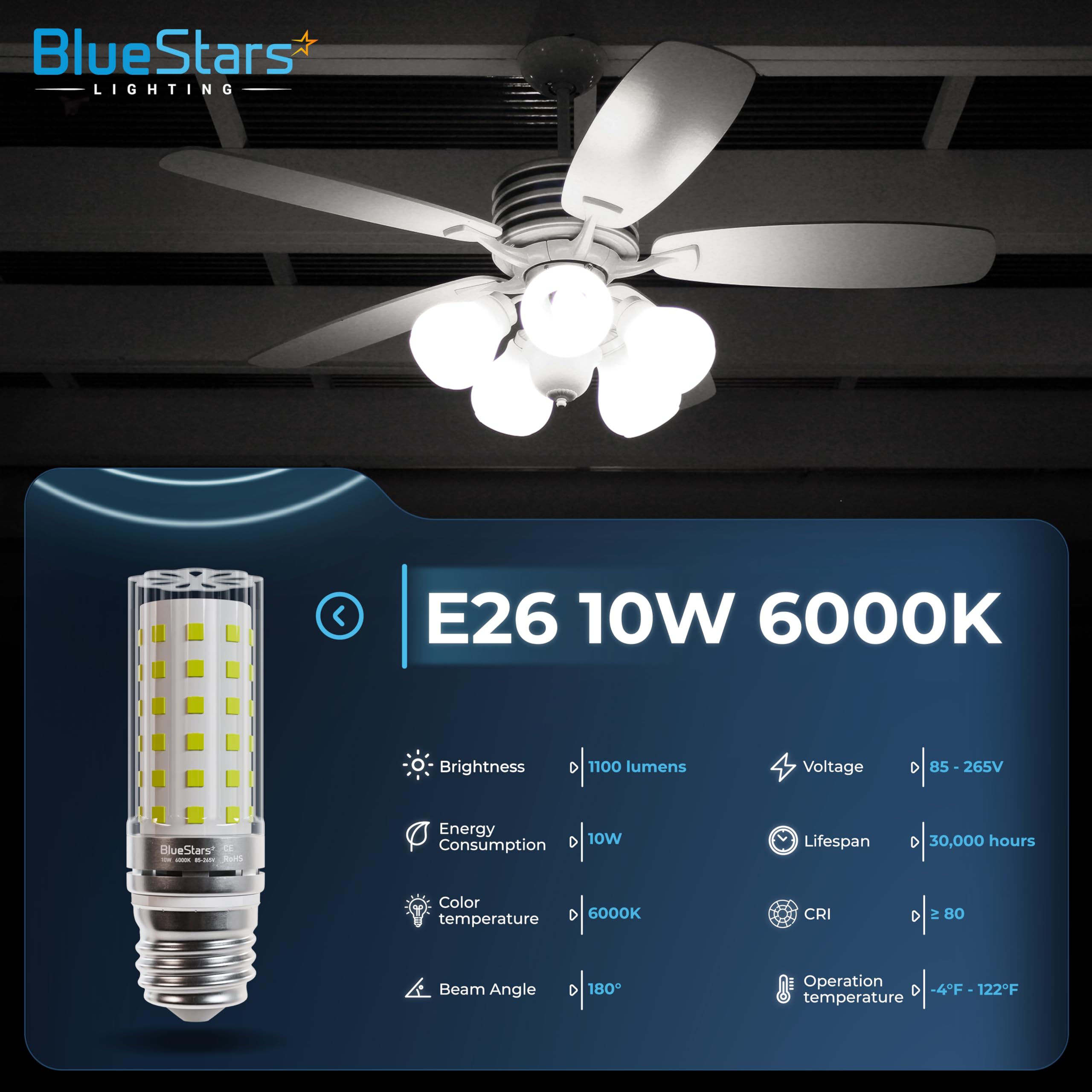 BlueStars LED Corn Light Bulbs 10W (100W Equivalent) 1100 Lumens, 6000K Cool White, E26/E27 Base, Clear Plastic - Non-Dimmable