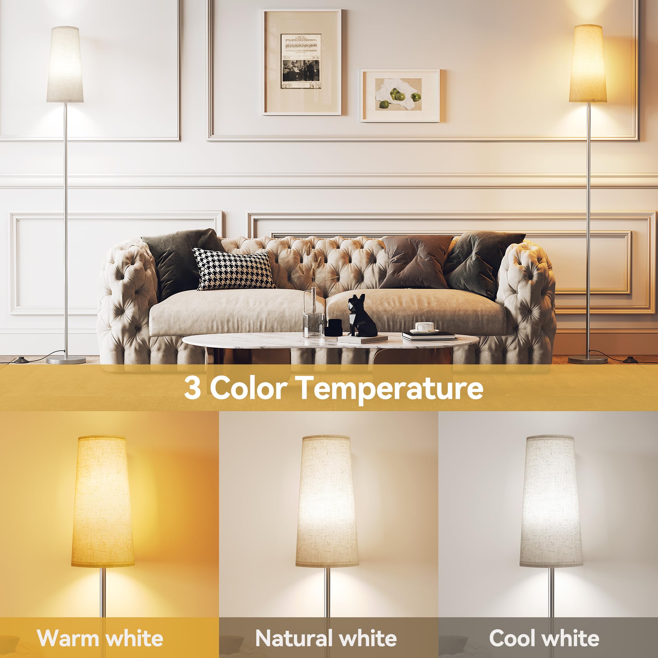SUNMORY Floor Lamp with LED Bulb, 3 Color Temperatures, Nickel Plated, Iron Material, Ideal for Living Room/Bedroom/Office Decor
