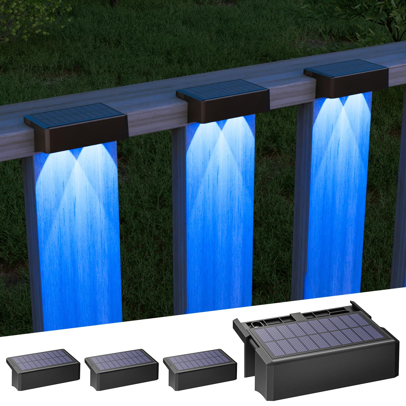 VOLISUN Solar Deck Lights 4 Pack  Warm White  Cool White and RGB Color Glow LED Large Size Lamp  IP65 Waterproof Solar Fence Lights Outdoor for Step  Patio  Fence  Railing  Wall  Stairs