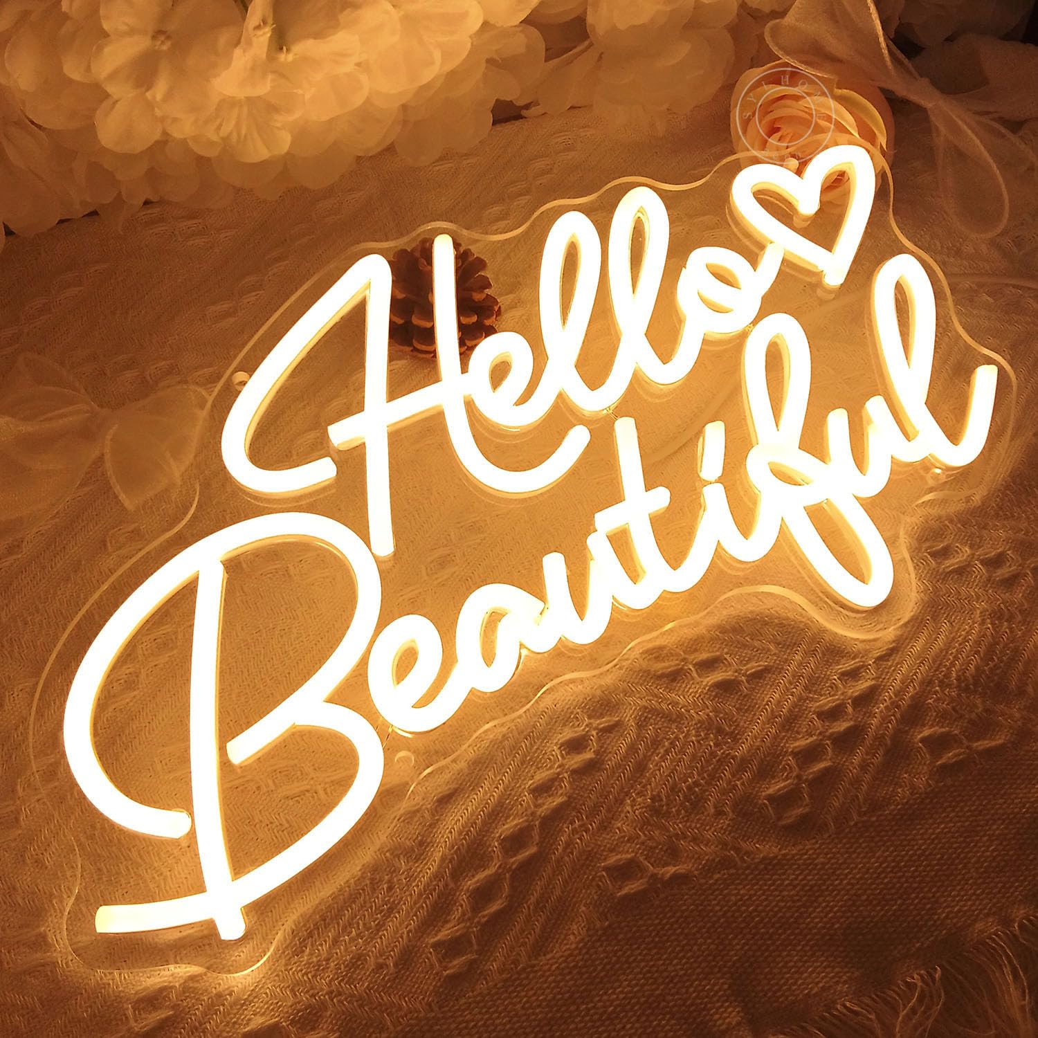 SYLHOME LED Neon Sign - inHello Beautifulin - Acrylic Wall Decor - Warm White - 15.75in x 8.7in - Girls Room, Bar, Club, Party Gifts