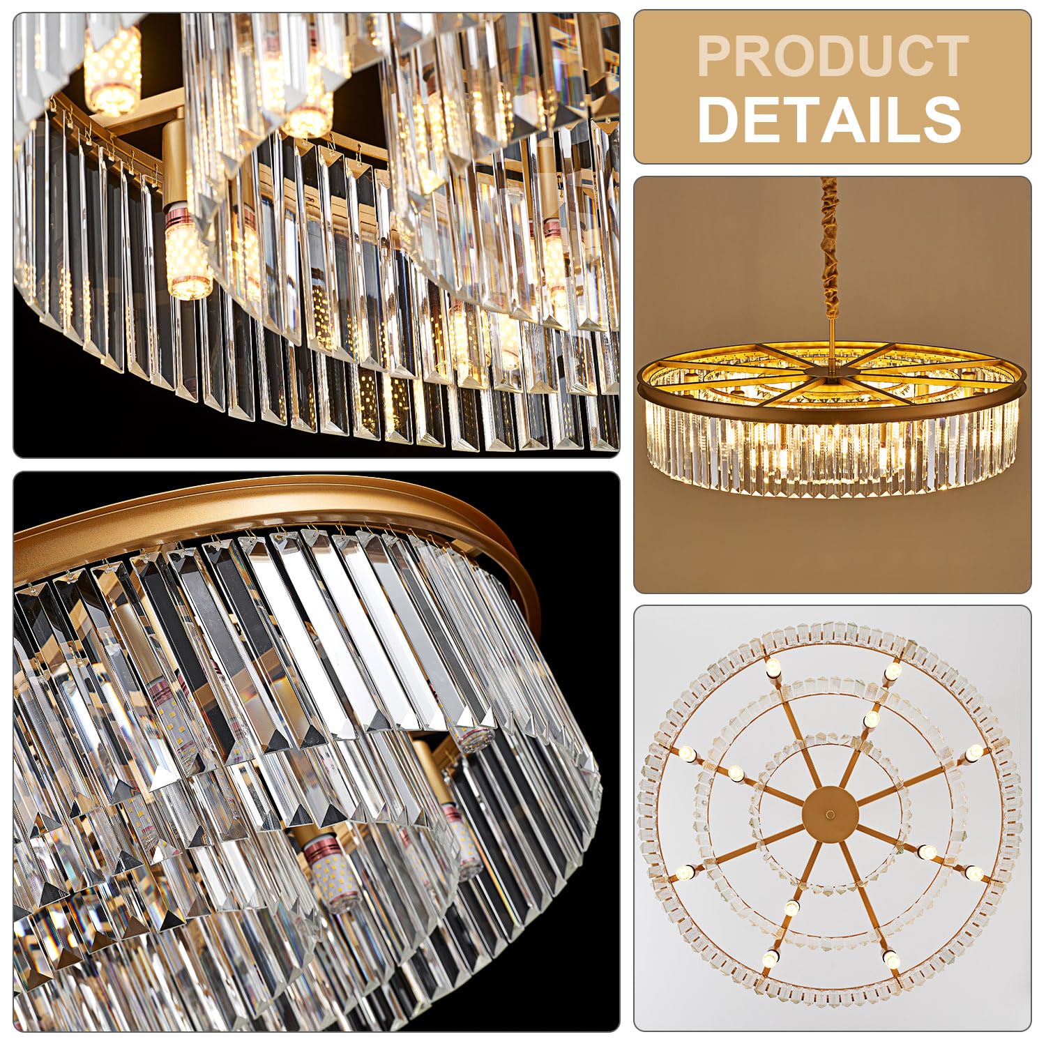 lighceac 31.5" 12-Light Modern Crystal Chandelier, Gold Metal, 3-Rings, Luxury Pendant Lighting for Living Room, Entryway, Kitchen