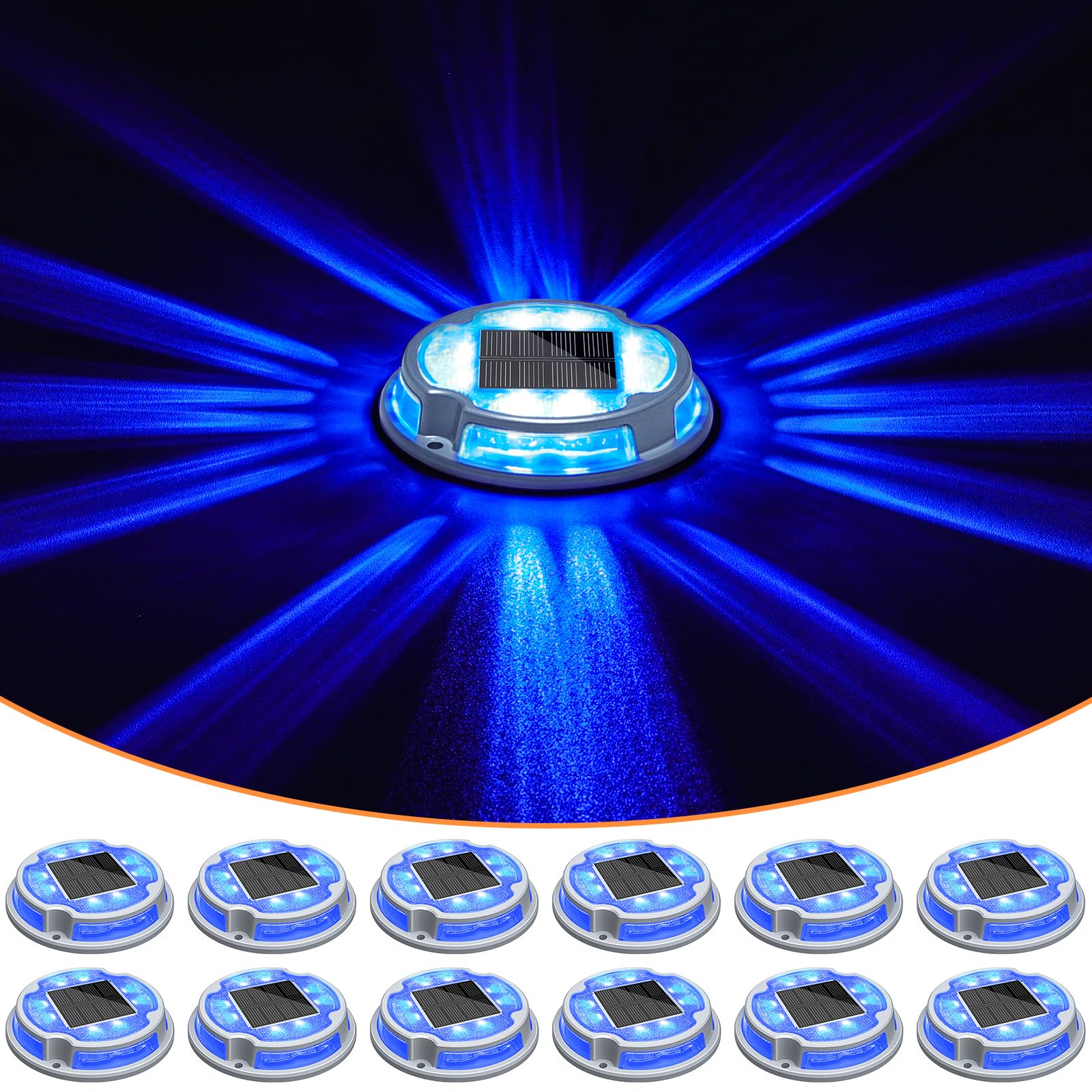 VOLISUN Solar Driveway Deck Lights Dock Marine Lights 16 Pack Solar Ground Light 2 Colors in 1 led Waterproof Driveway Marker Light for Pathway Warning Step (White/Blue) Auto On/Off