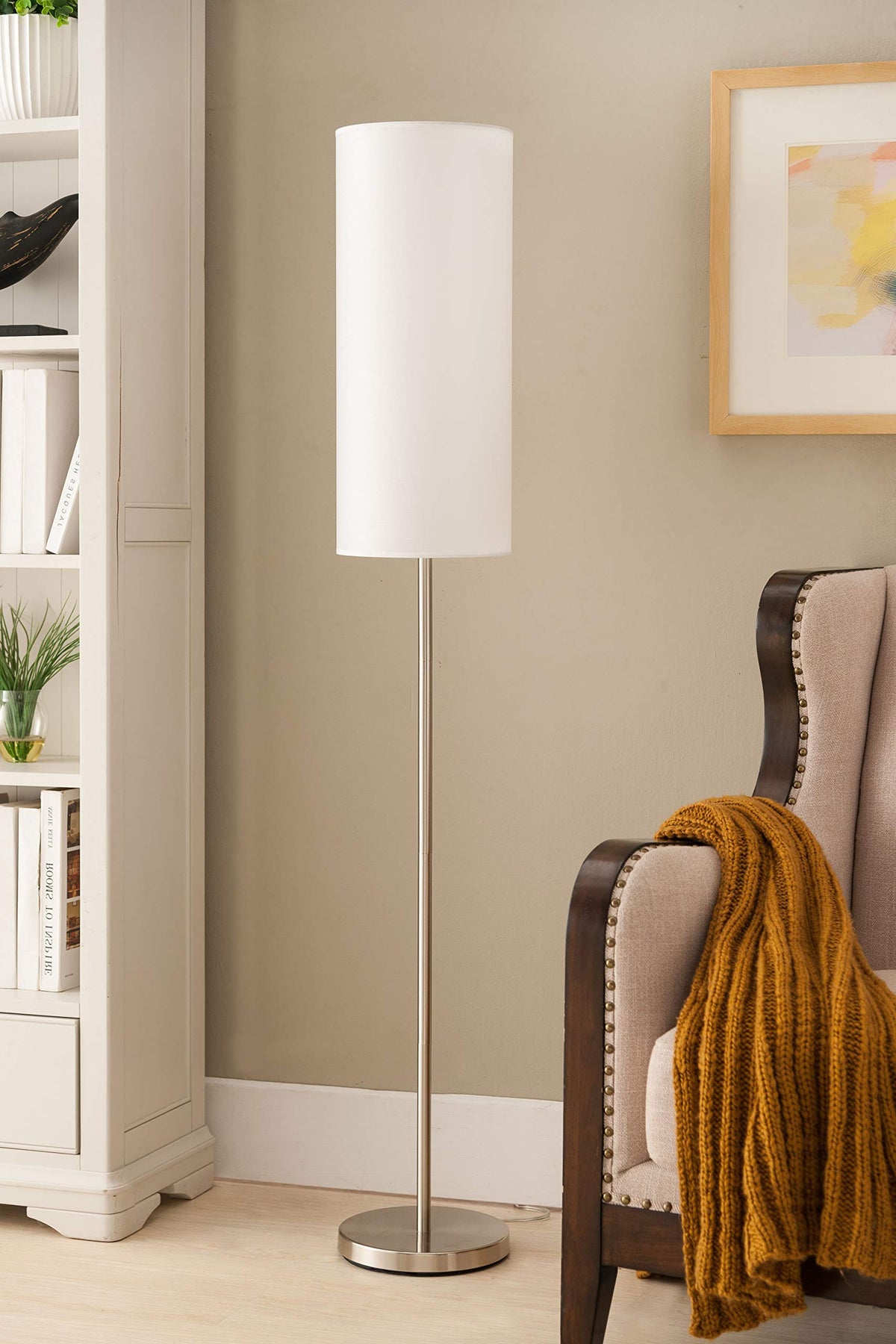 Pilaster Designs Maylee 59&quot; Brushed Nickel Floor Lamp With White Fabric Shade