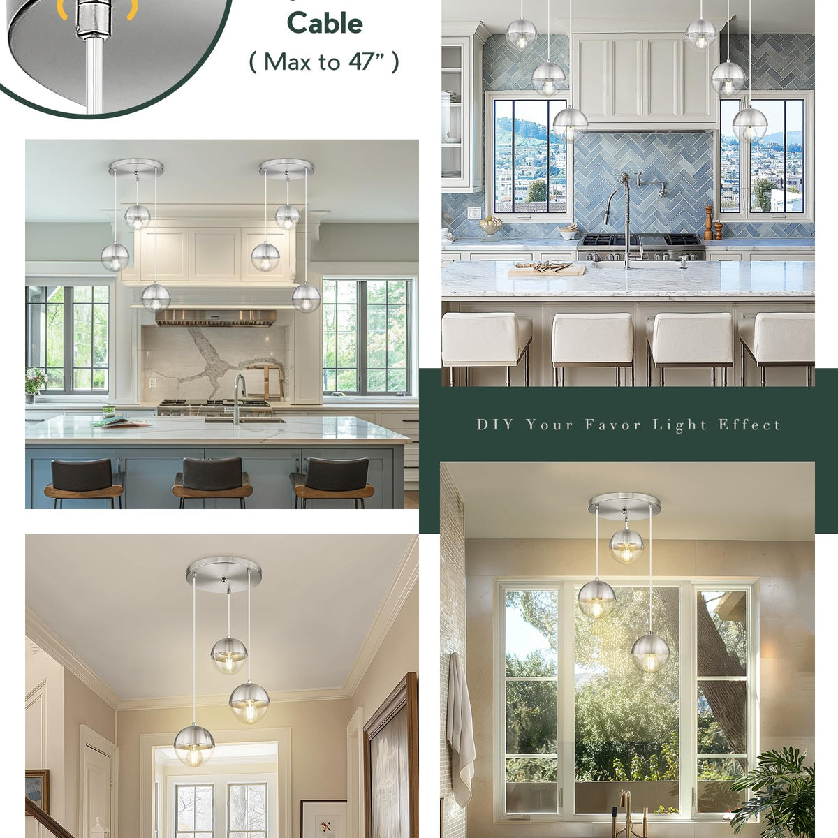 LMS Modern Brushed Nickel 3-Light Cluster Pendant Lights, Mid Century ...