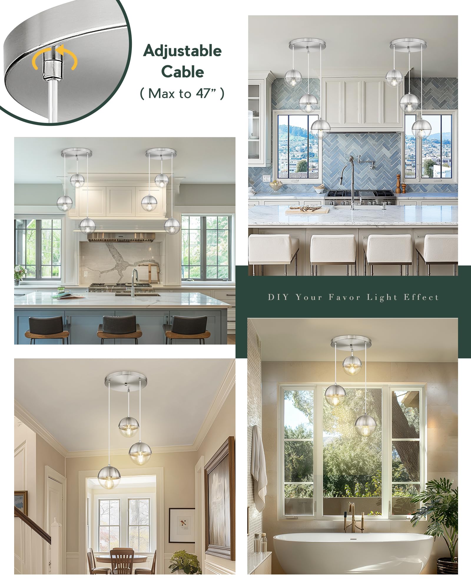 Lms Modern Brushed Nickel 3-Light Cluster Pendant Lights, Mid Century Pendant Lighting With Clear Globe Glass Shade, Adjustable