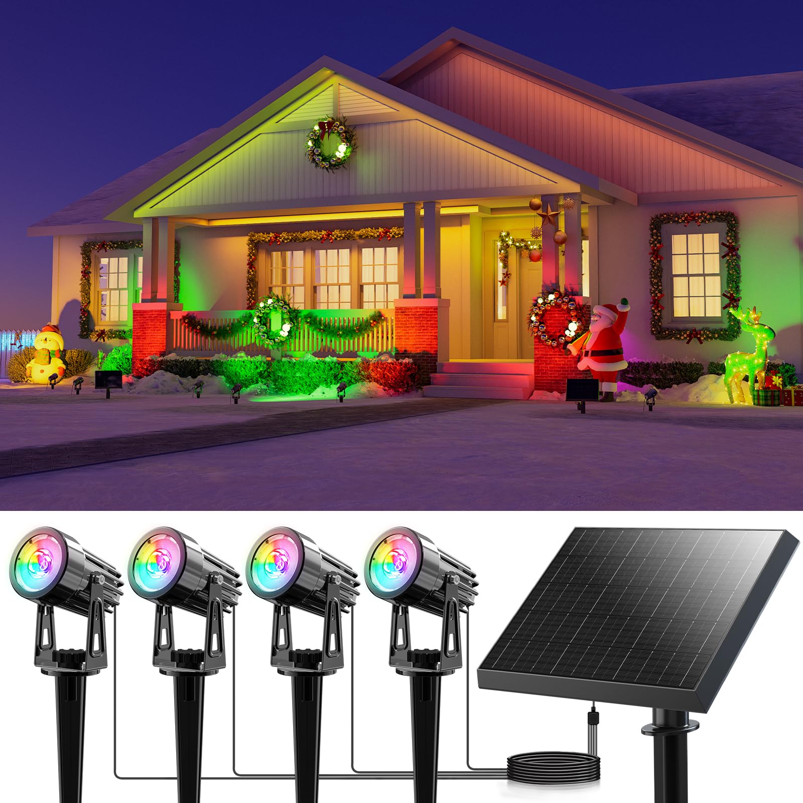 Multi Color Solar Powered Outdoor Spotlights For Christmas Decorations  Reindeer  Santa  Waterproof Landscape Spot Lights For Christmas Tree  Statues  With 15.7Ft Cable Separate Panel (4-In-1)