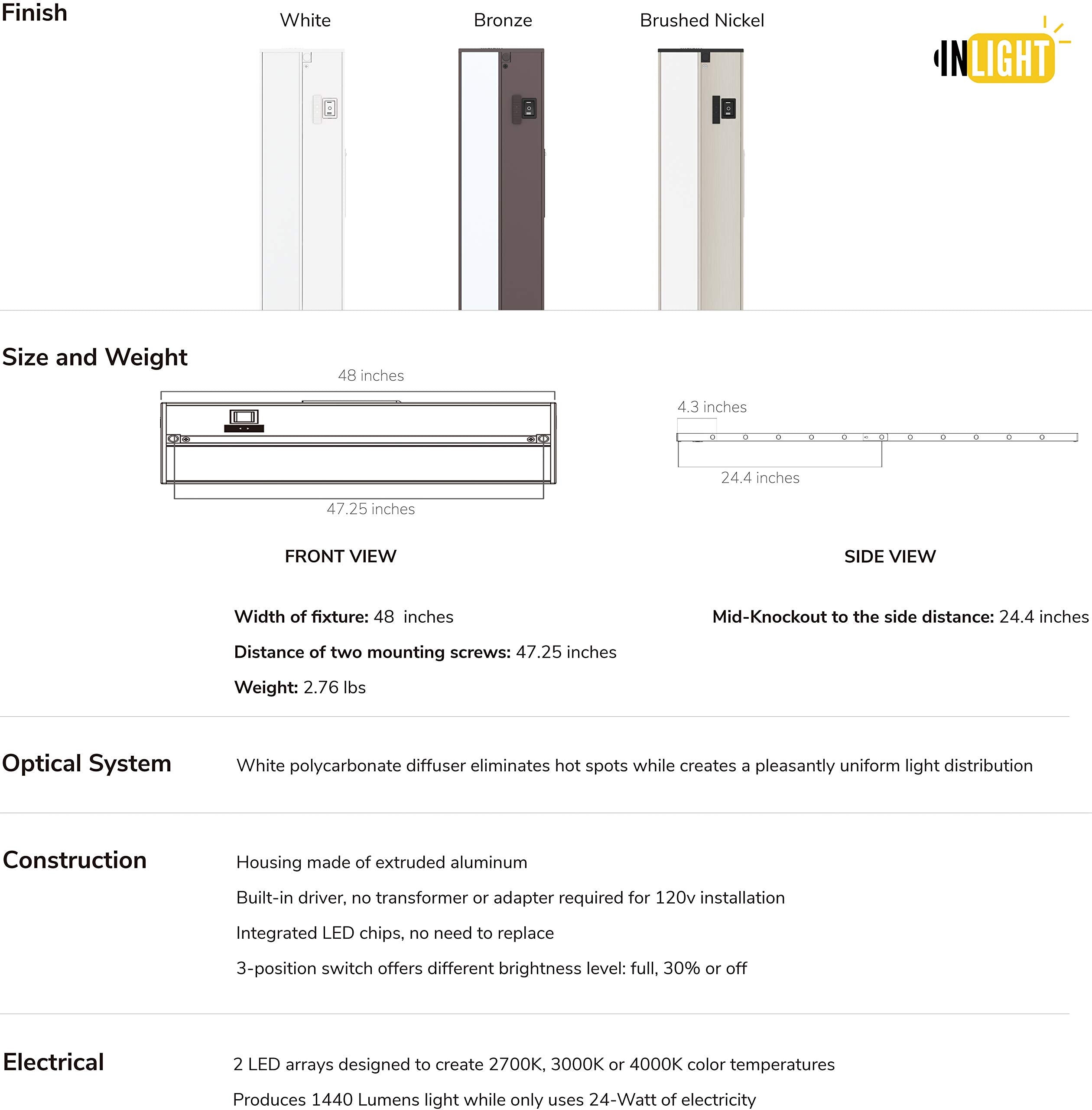 Getinlight 48-Inch Led Under Cabinet Lighting, Hardwired Or Plugged-In, Warm White (2700K), Soft White (3000K), Bright White (40