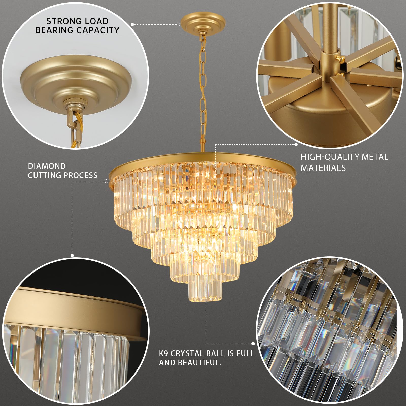 Crystal Chandeliers For Dining Room Lights Fixture Over Table  20 Lights Gold Modern Chandeliers For Living Room  5-Tier Round Crystal Lighting Fixtures For Bedroom Entryway Kitchen Island D30 Inch