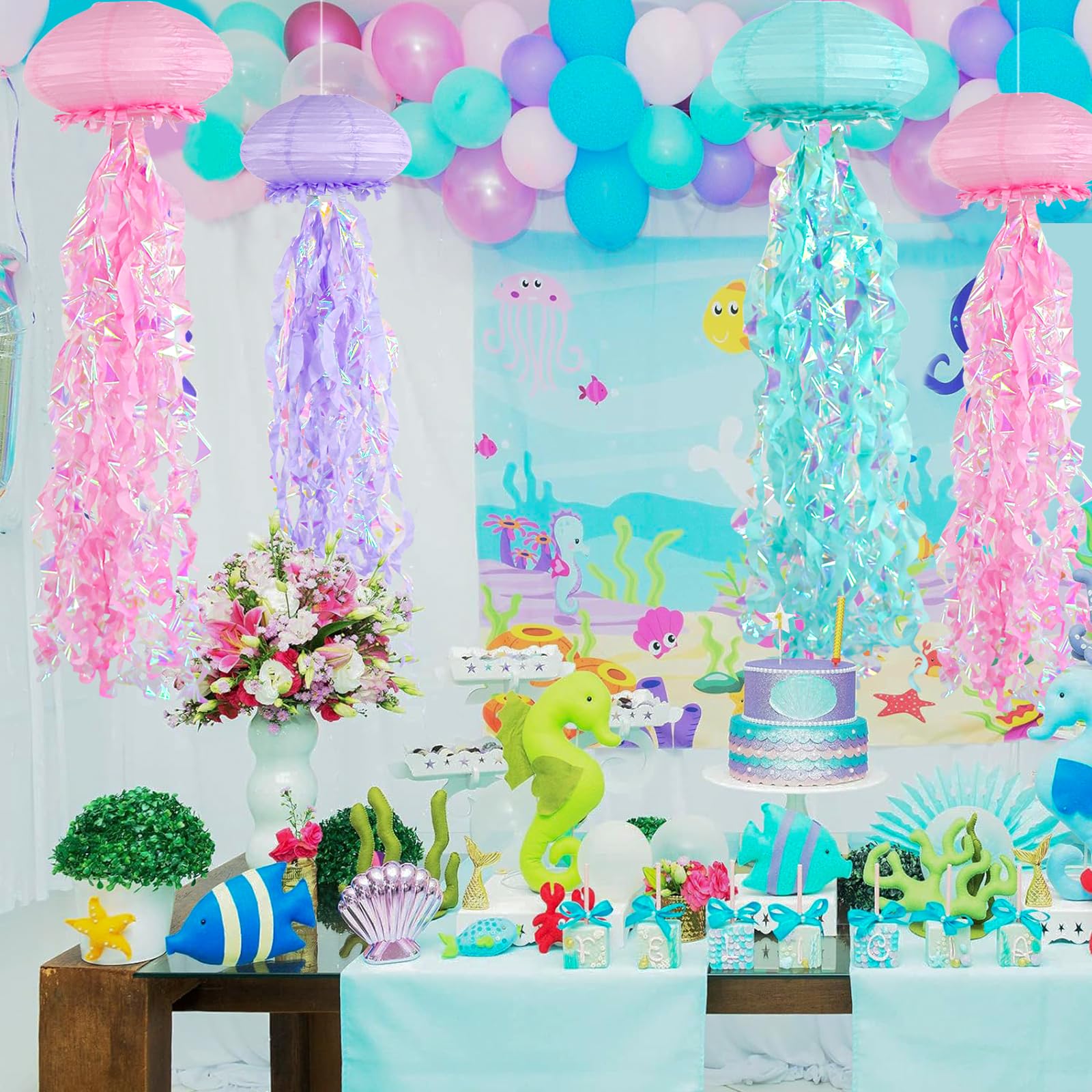ADLKGG Jellyfish Paper Lanterns, 6pcs Hanging Decorations, Ocean Theme, Paper, Pink Purple Blue, Model PinkPurpleBlue001