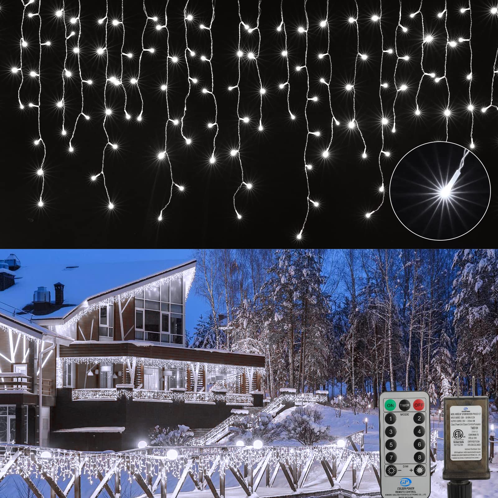 Brightown Icicle Lights Outdoor 40 FT 432 LED Waterproof String Lights with Remote & Timer, White