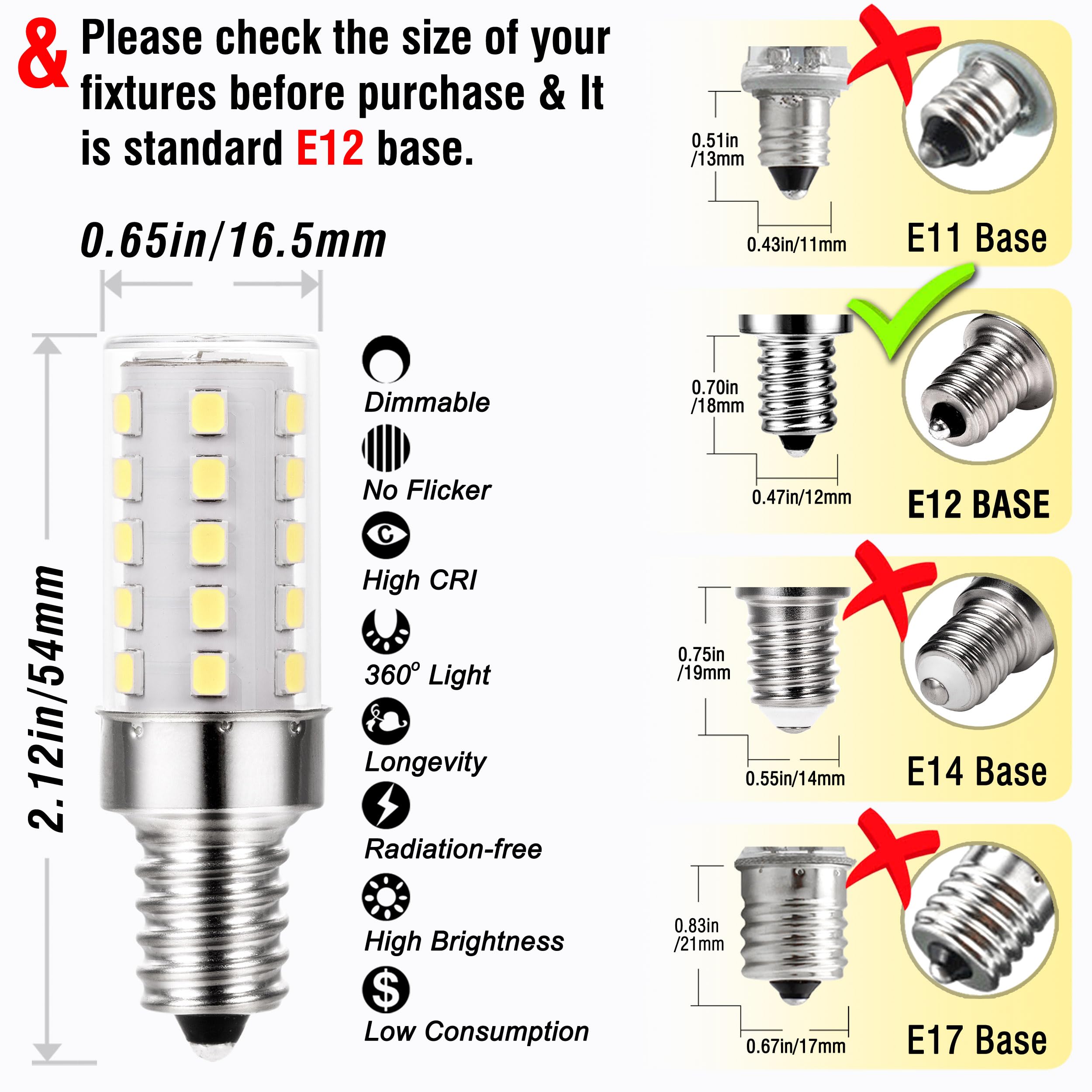 ALIDE Dimmable E12 LED Bulbs, 5W (40W Equivalent), 6000K Daylight White, T6 Base, 450lm, 10 Pack, Plastic