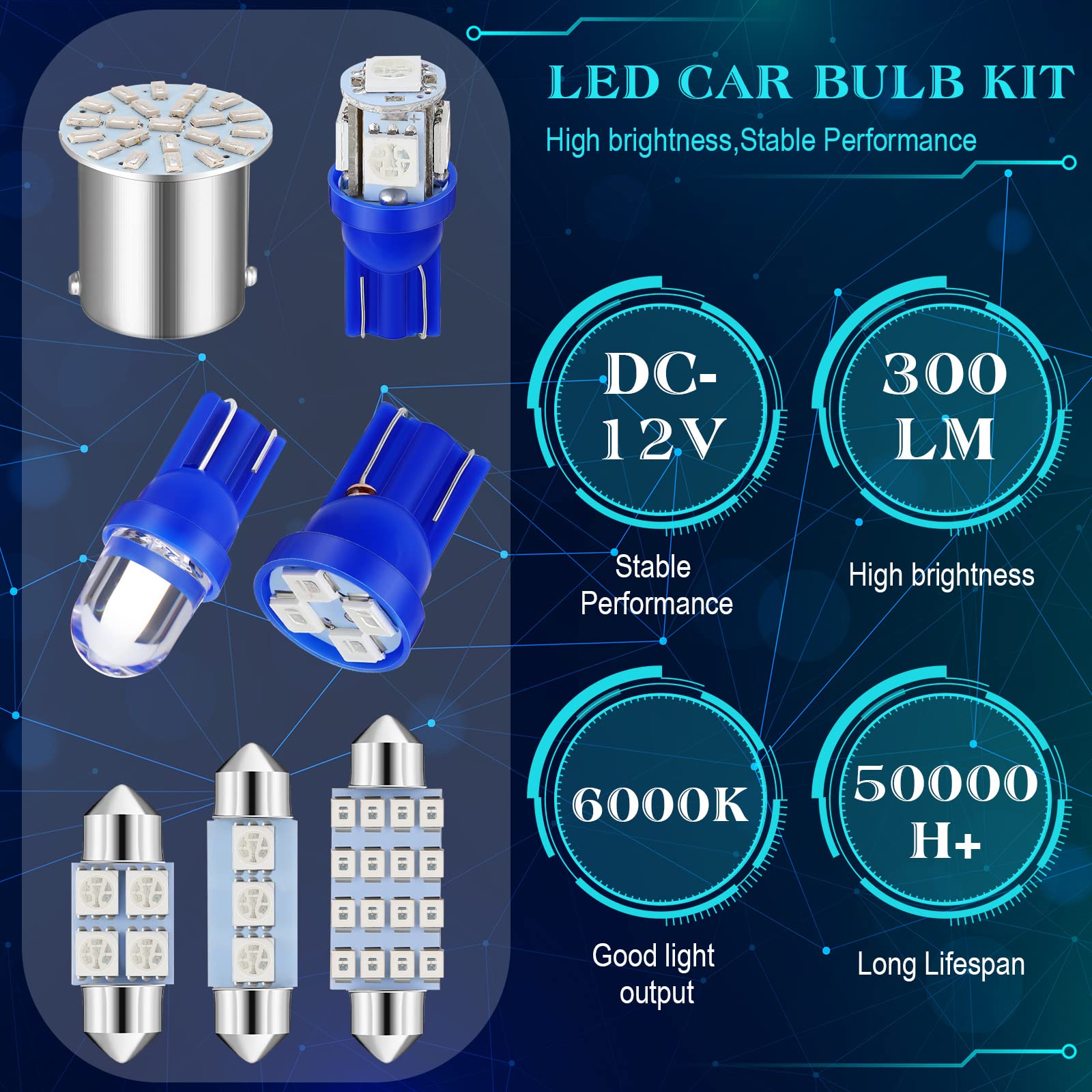 Frienda 70 Pieces Led Car Bulb Kit Interior Light, License Plate Light, Blue