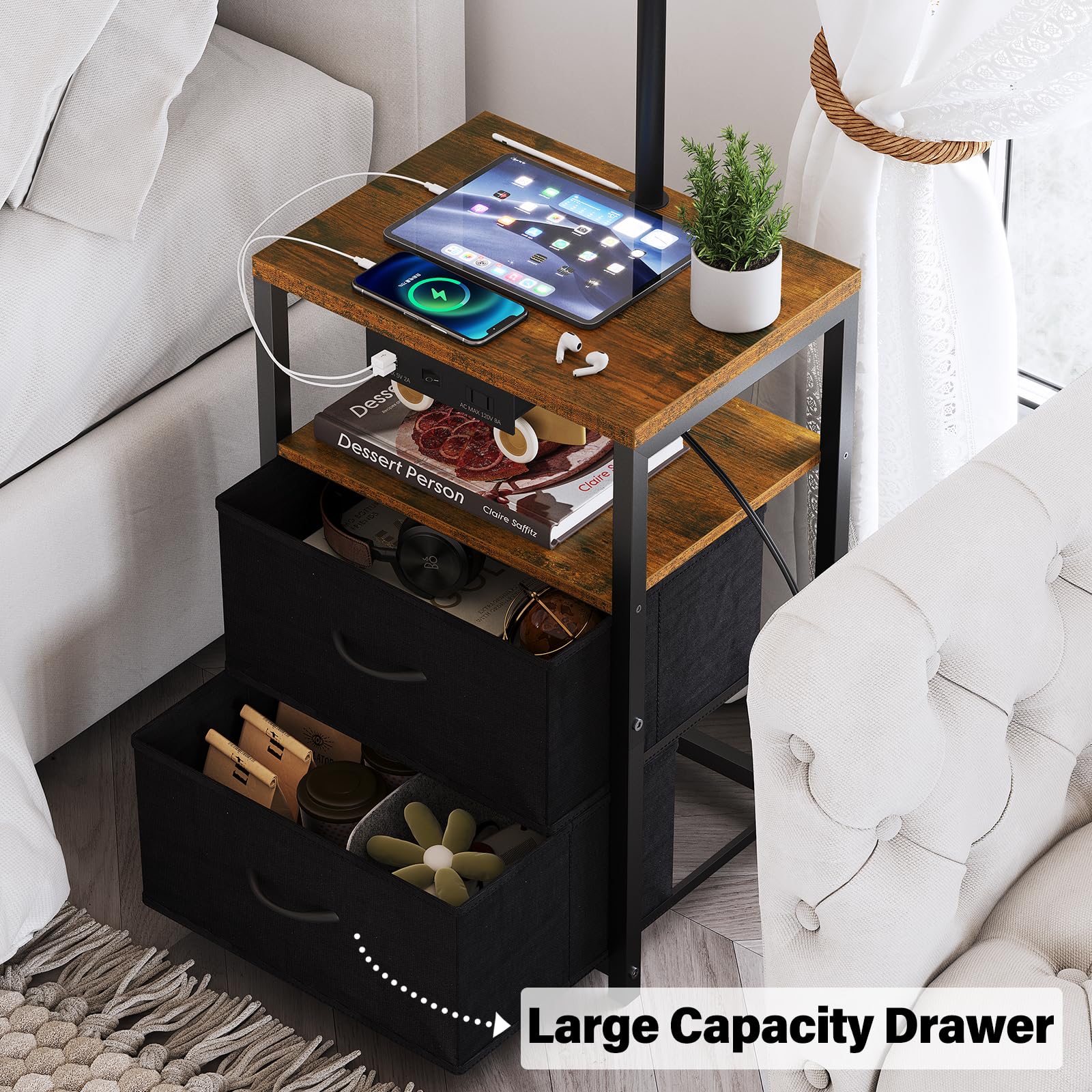 Sunmory Floor Lamp With Table & 2 Drawers, Lamp With Usb Port And Outlet, Nightstand With 3 Color Temperature Led Bulb Included,