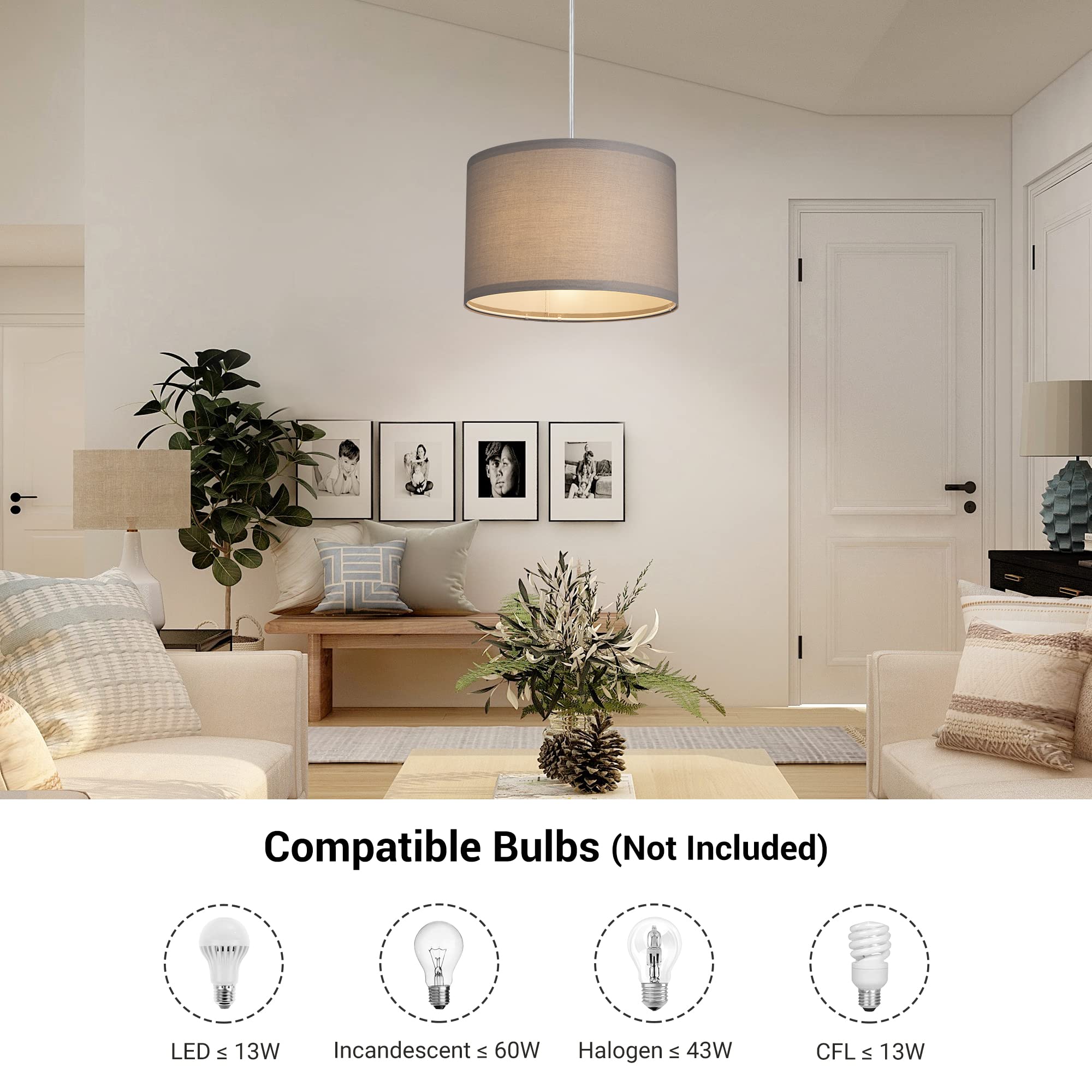 Dewenwils Plug In Hanging Light, Hanging Light With 15Ft Clear Cord, On/Off Switch, With Light Grey Fabric Lampshade, Hanging Li