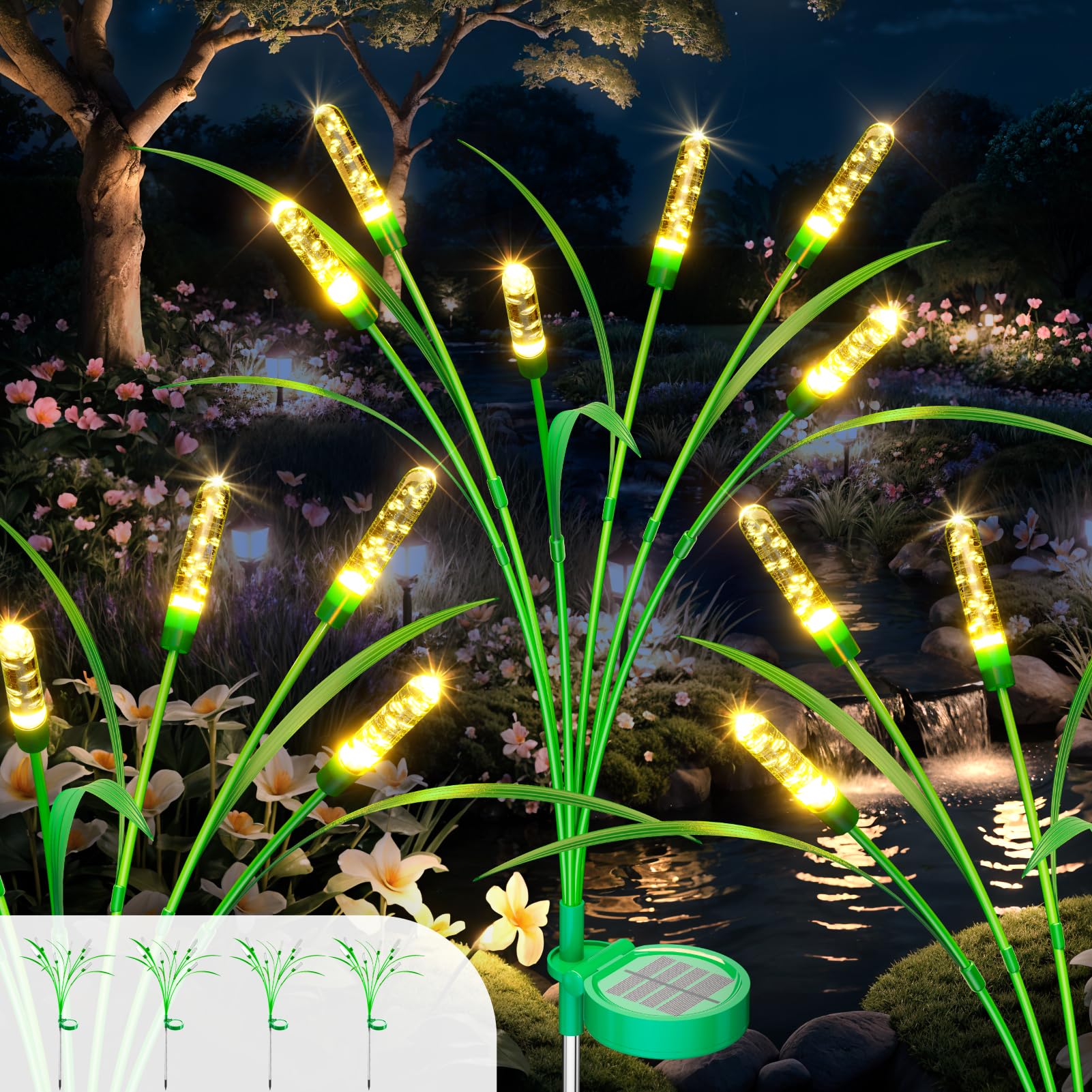 TopVelo Solar Garden Light 30 Inch, 4 Packs Warm White, IP65 Waterproof, Intelligent Light Control, Polyester, Gold