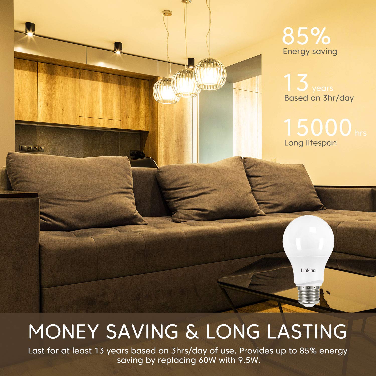 Linkind Dimmable A19 Led Light Bulbs, 60 Watt Equivalent, E26 Base, 2700K Soft White, 9.5W 800 Lumens 120V, Ul Listed Fcc Certif