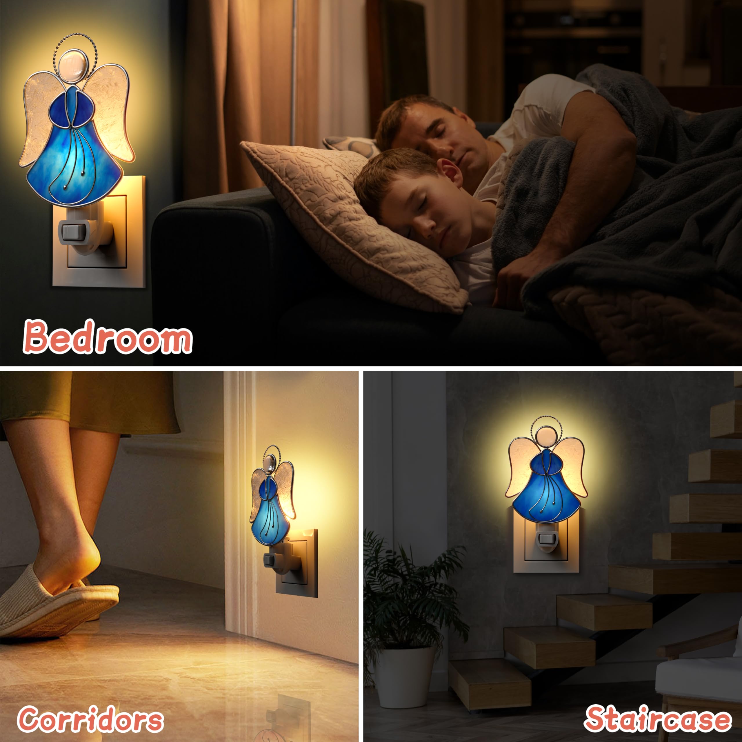Kundgla Stained Glass Angel Night Lights Plug Into Wall, Angel Bright Plug In Nightlight, Suncatcher Embedded In Glass, Gift For