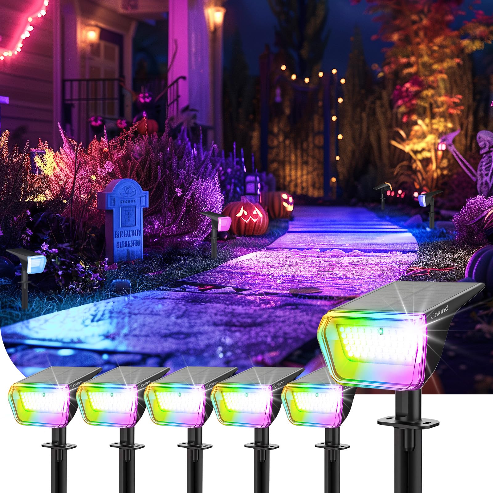 Linkind RGB Solar Christmas Lights Outdoor Spotlights, IP67 Waterproof, 10 Lighting Modes, 6 Pack, Multicolor