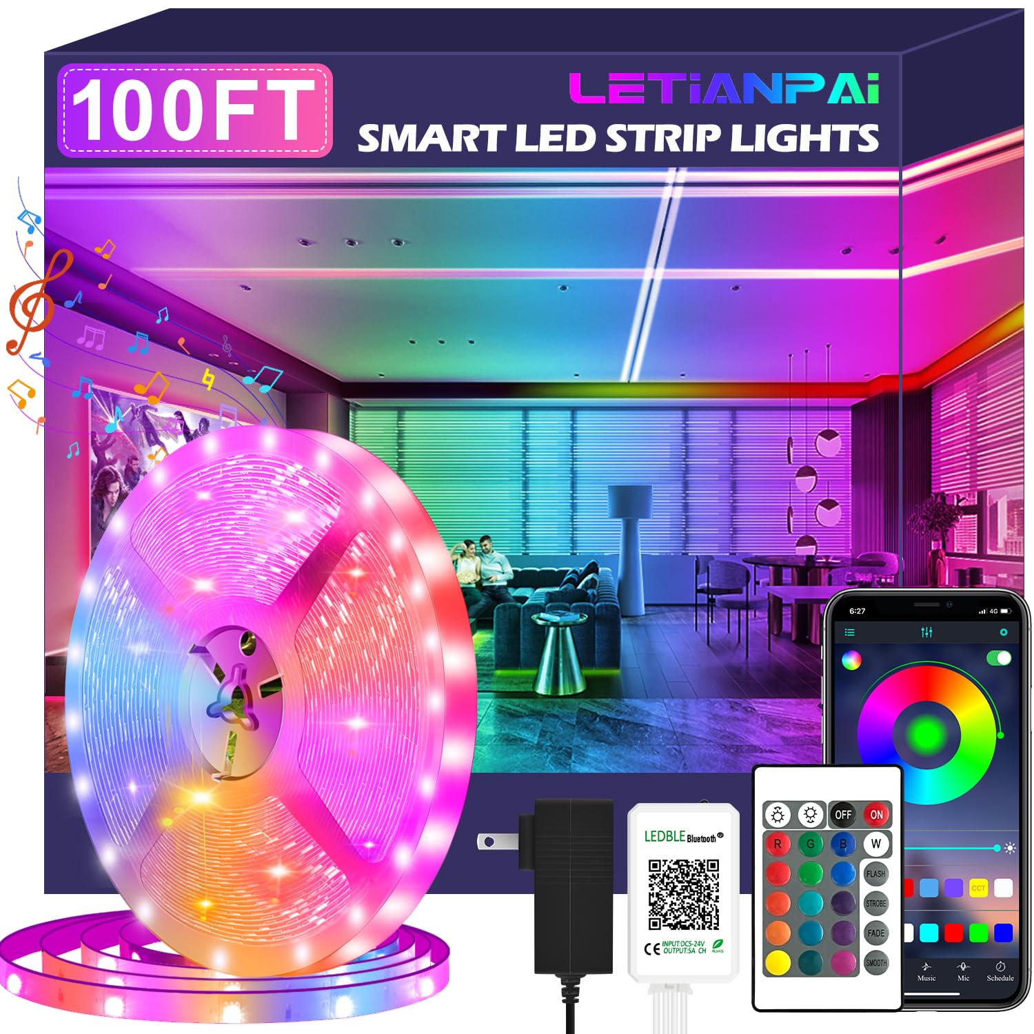 Letianpai 100Ft Smart Led Strip Lights, Music Sync Rgb, Bluetooth/Ir Control For Home & Party