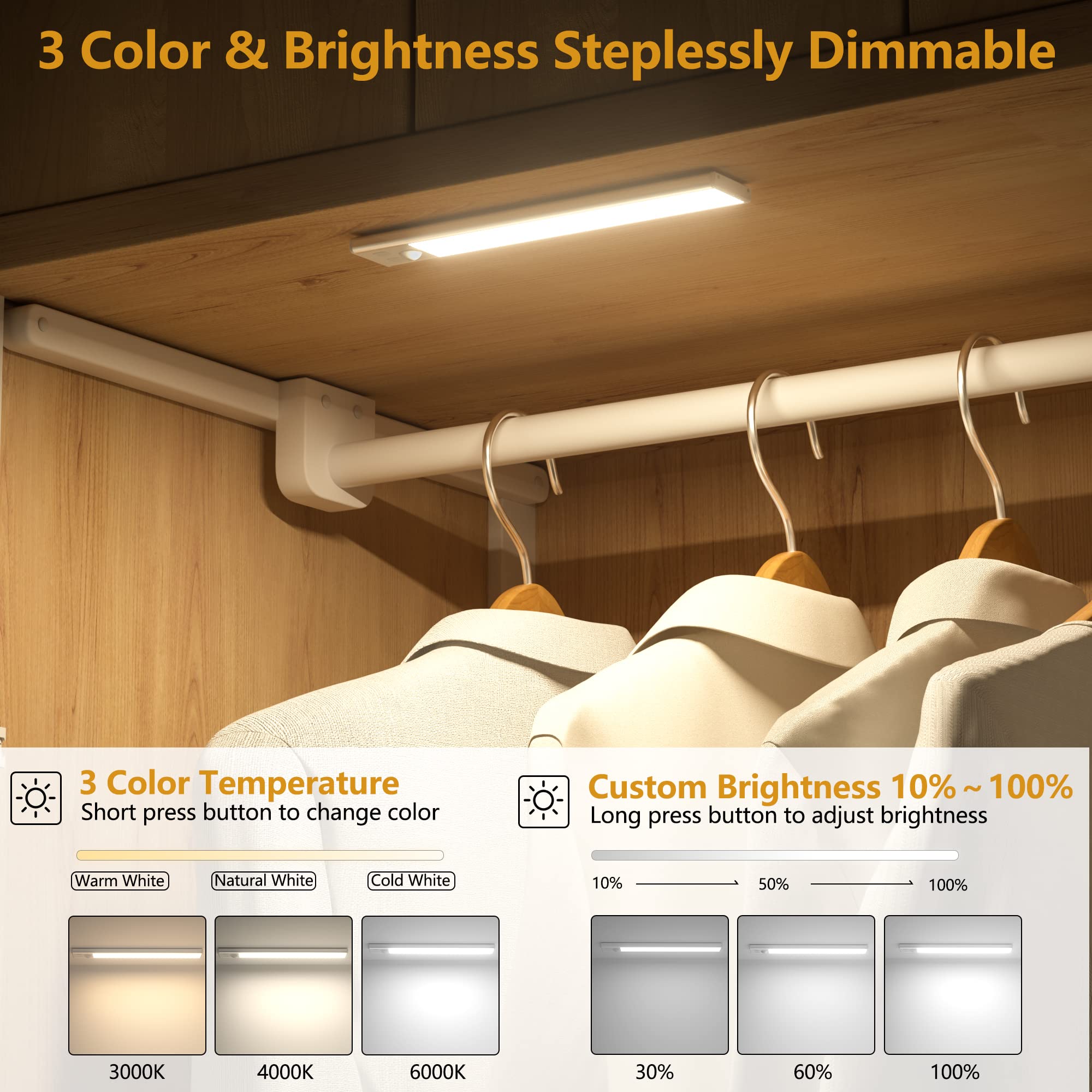 Dealgadgets Under Cabinet Lights, 3-Color Motion Sensor Led, Usb-C Rechargeable, 8.07&quot; -