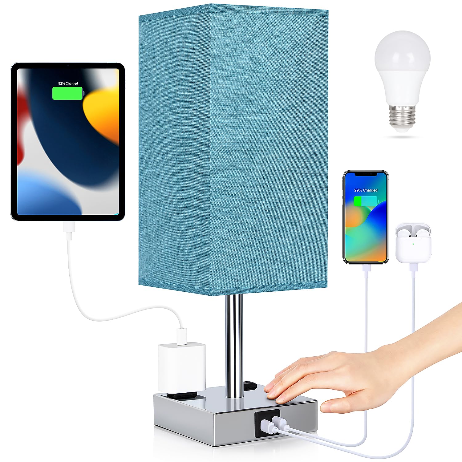 Soilsiu Bedside Lamp - Touch Control Table Lamp with USB Ports, 3 Way Dimmable, Metal, Blue Shade
