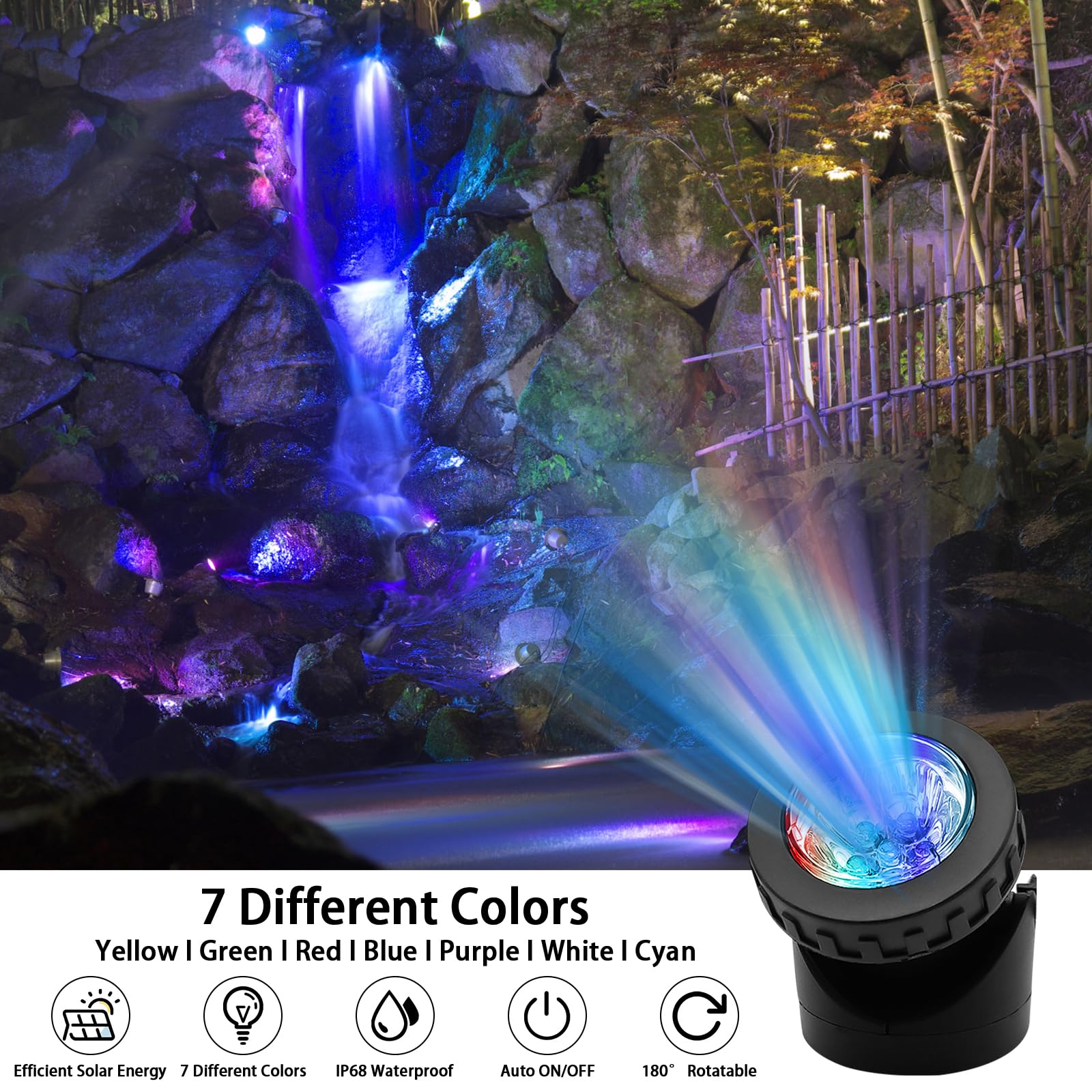 AVEKI Solar Pond Spotlights, RGB Color Changing, 12 LED, Dual Head, Waterproof, Model A-2HCS
