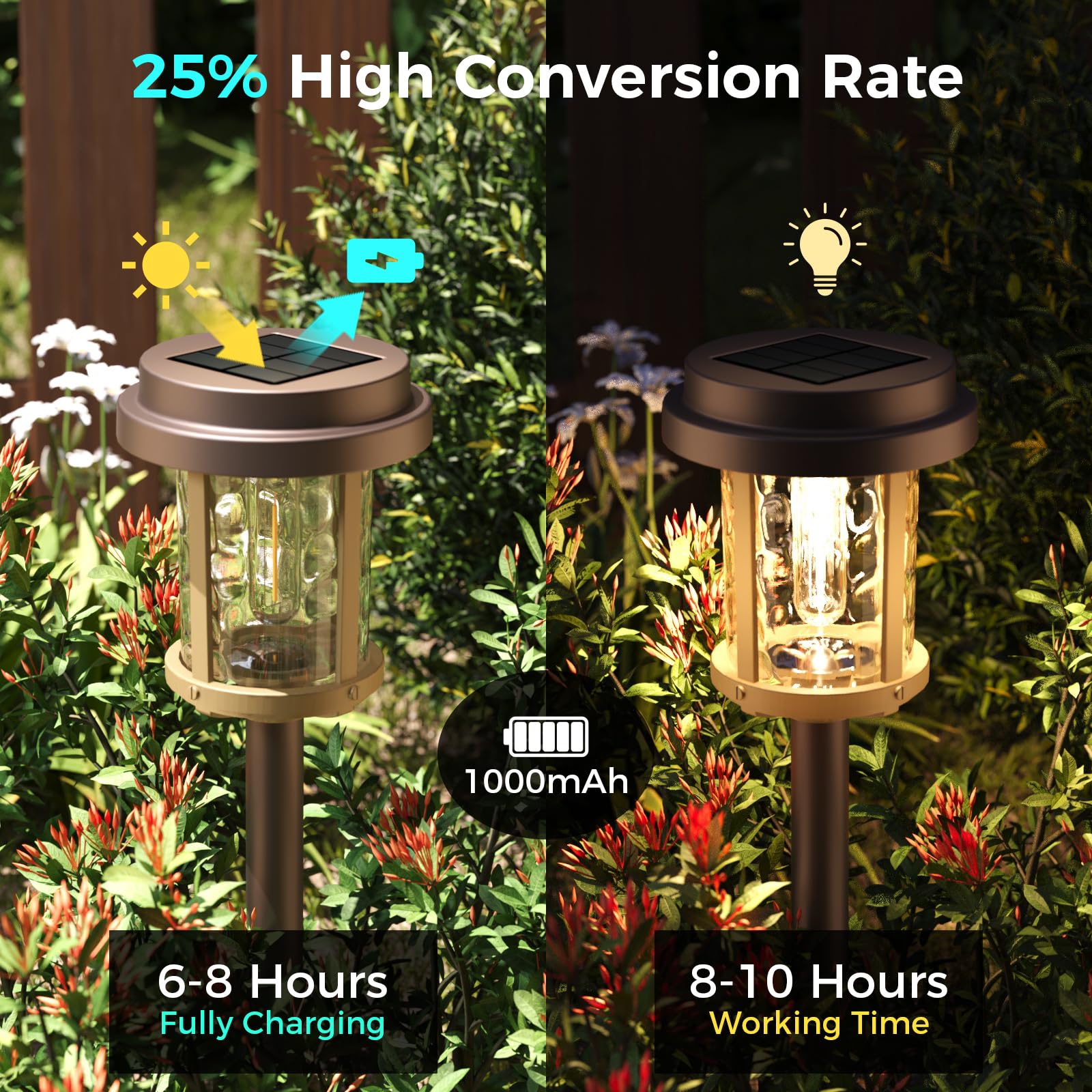 XMCOSY+ Solar Pathway Lights, 6 Pack, 15 LM LED, IP 65 Waterproof, Stainless Steel, Brown & Black, Model HW-6181J