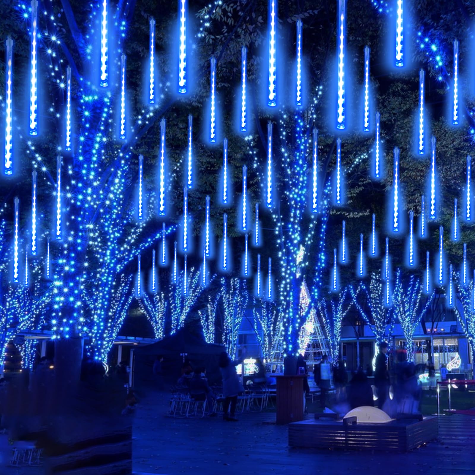 EXF Meteor Shower Lights 16 Tubes 384 LEDs Outdoor Indoor Rain Drop String Lights 2 Pack Plug in Blue Model MLS-D5V3.6WUT-O
