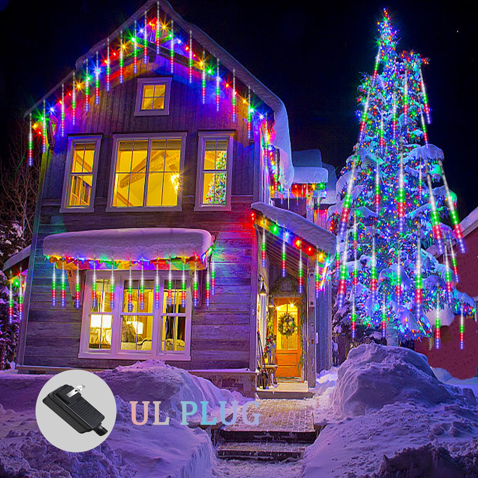 Zpqbeye Meteor Shower Lights Outdoor Christmas Lights 24-Tube 576Leds Snow Falling Rain Cascading Icicle Lights For Christmas Tree Decorations Wedding Party Holiday Garden Decor, Ul Plug Multi Color