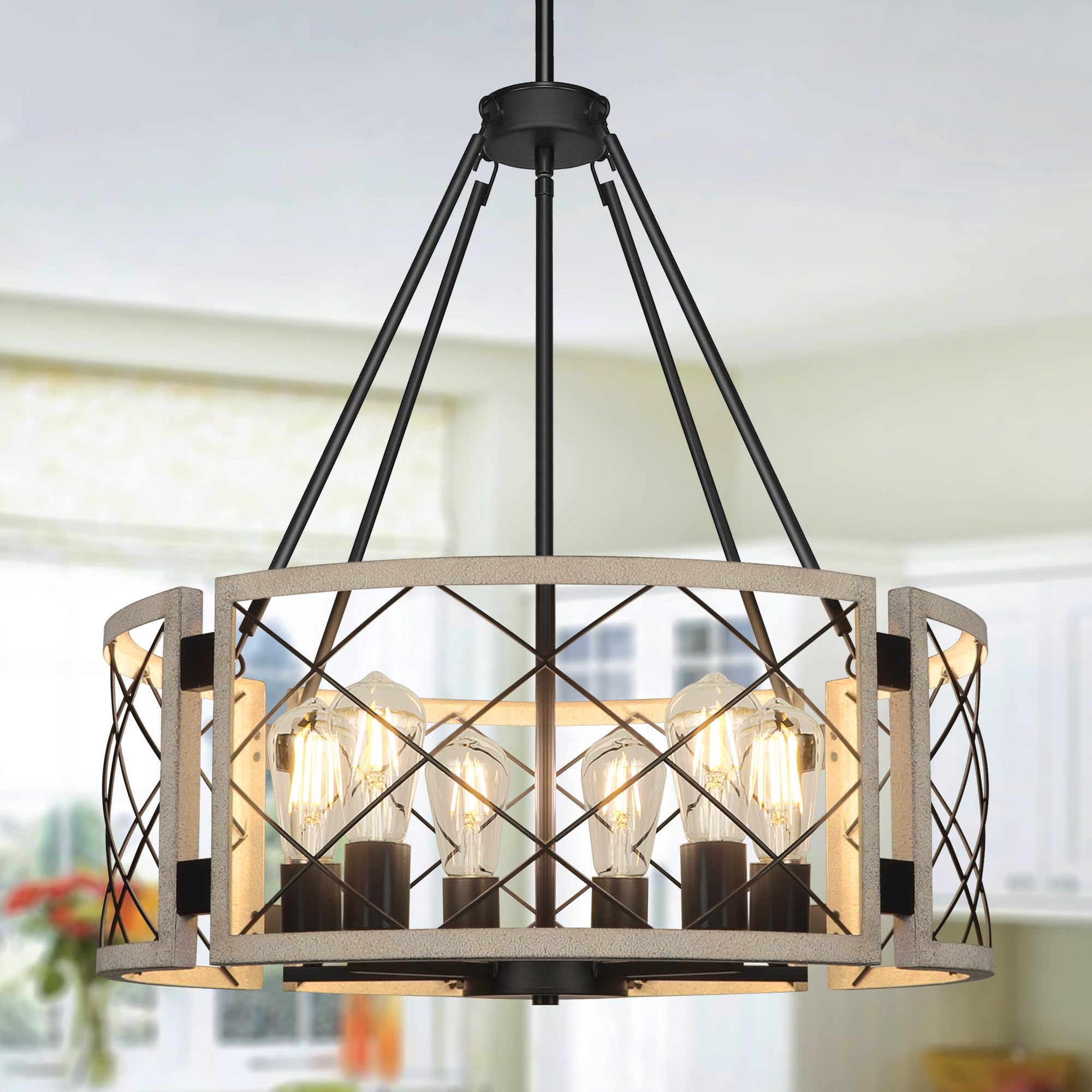 Sigaitwei 21.7'' Farmhouse Drum Chandelier,6-Light Adjustable Dining Room Light Fixture Kitchen Island Lighting, Rustic Hanging 