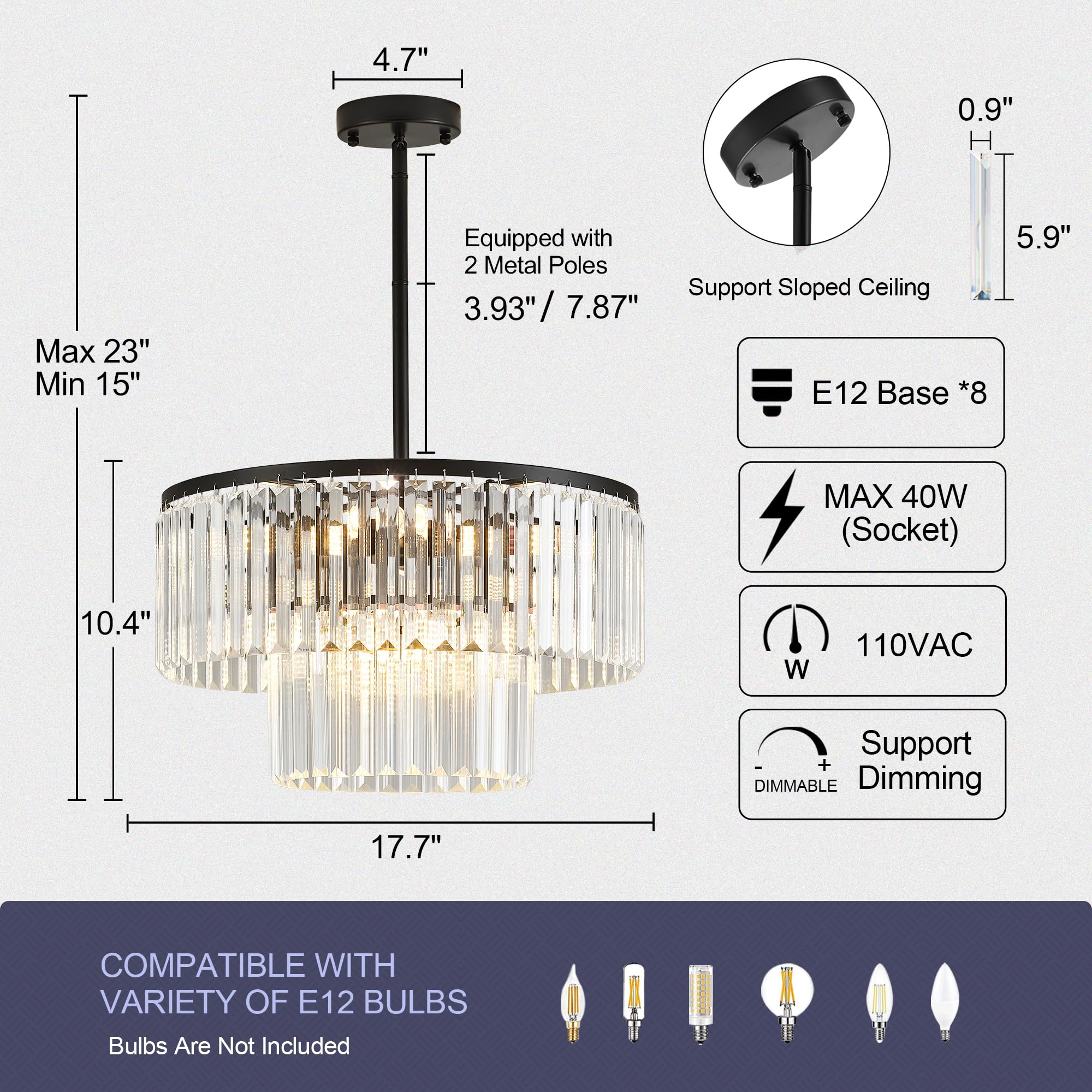 Lighceac 17.7 Black Semi Flush Mount 2-Tier Crystal Ceiling Light Fixtures For Dining Room Modern stylish 8-Light Chandeliers Lighting For Bedroom Entryway Hallway Kitchen Island Living Room Foyer