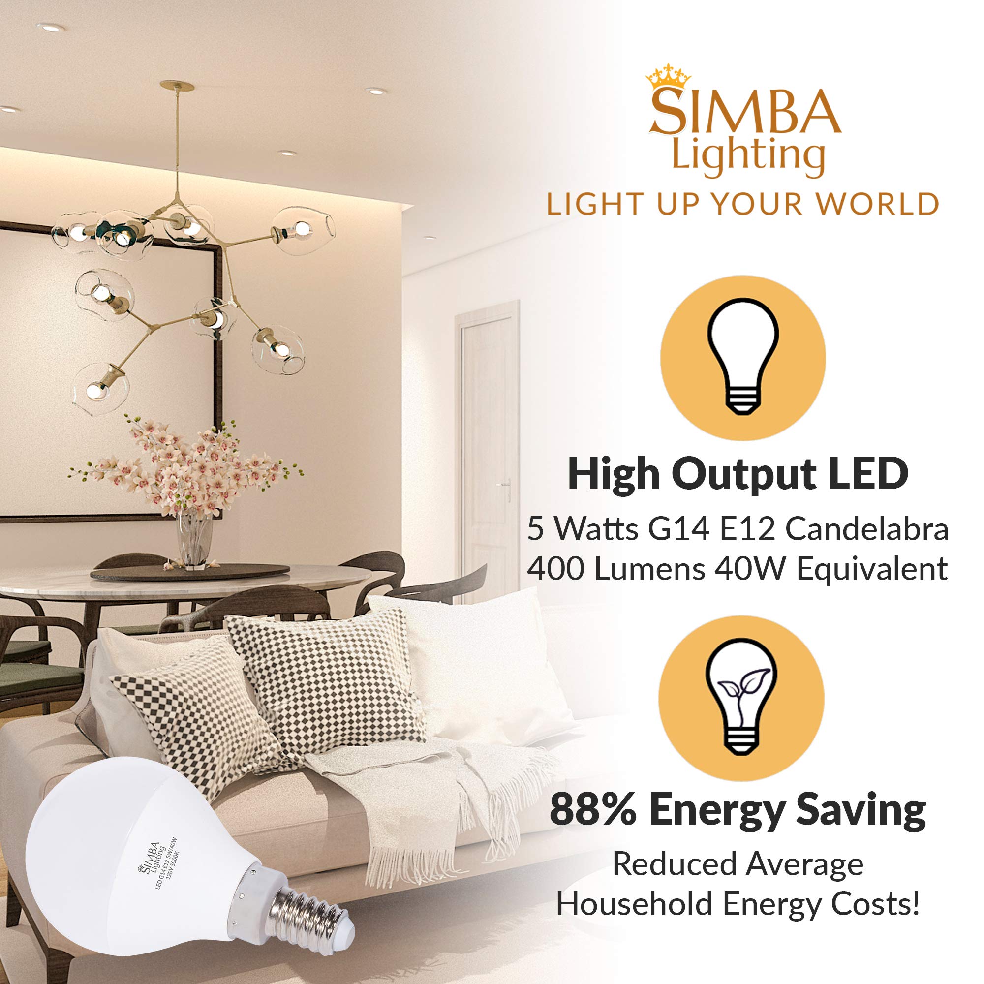 Simba Lighting Led Candelabra E12 Base G14 Small Globe 5 Watt 40W Replacement Light Bulb (6 Pack) For Ceiling Fan, Chandelier, V