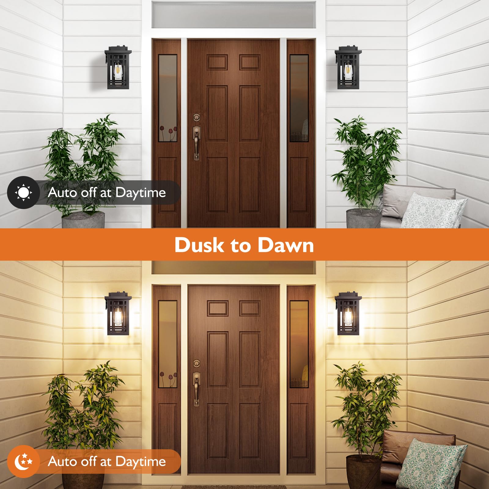 Bdrofn 2-Pack Outdoor Porch Lights, Dusk to Dawn, Motion Sensor, Waterproof, Black, Model W6015-01-BKSR