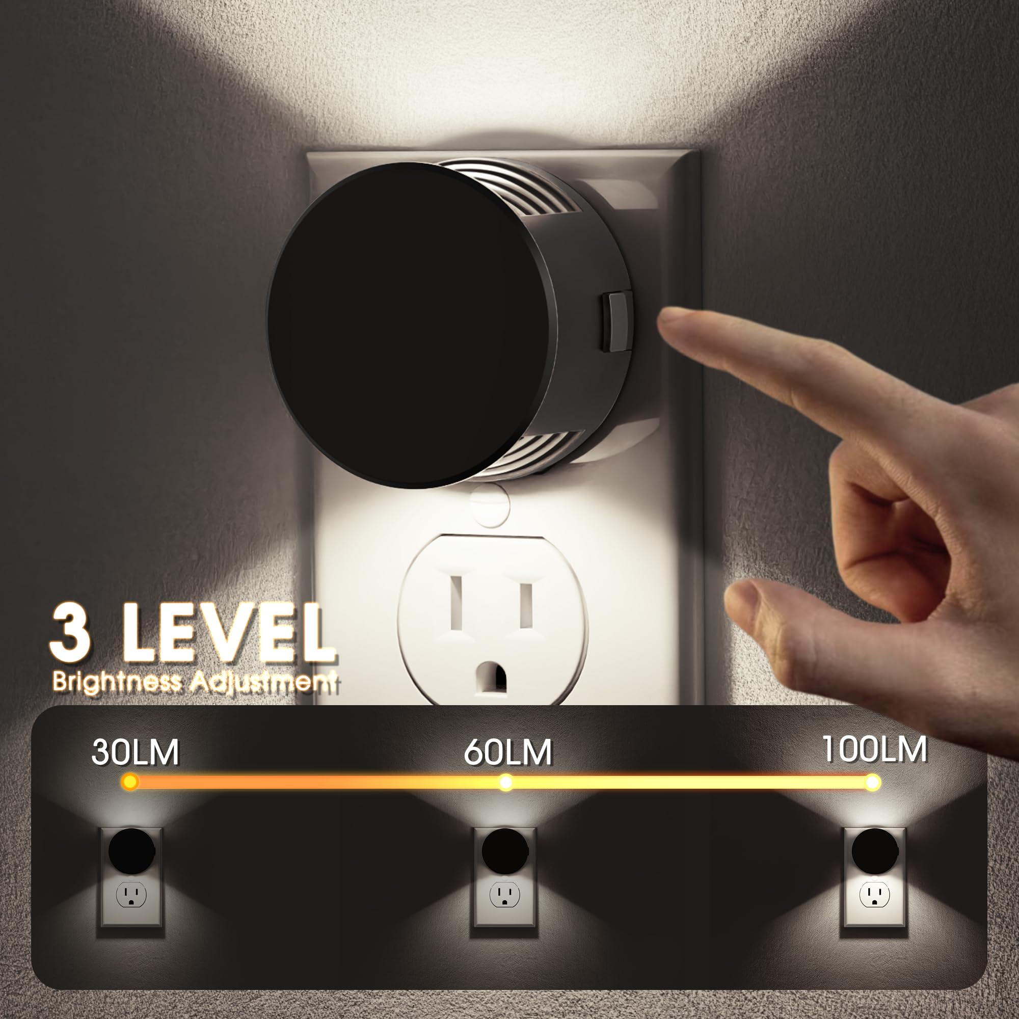 Briignite Night Lights Plug into Wall, Dusk to Dawn Sensor, Brightness Adjustable, 5000K Daylight White, 2 Pack, White - Black Shade