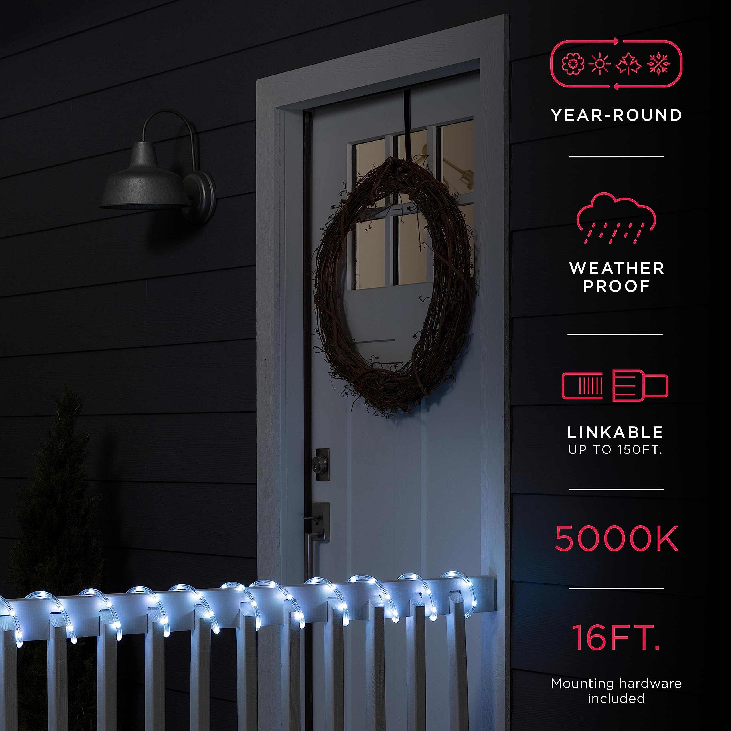 Ultrapro 16Ft Led Rope Lights, Cool White 5000K, Waterproof, Indoor/Outdoor String Lights